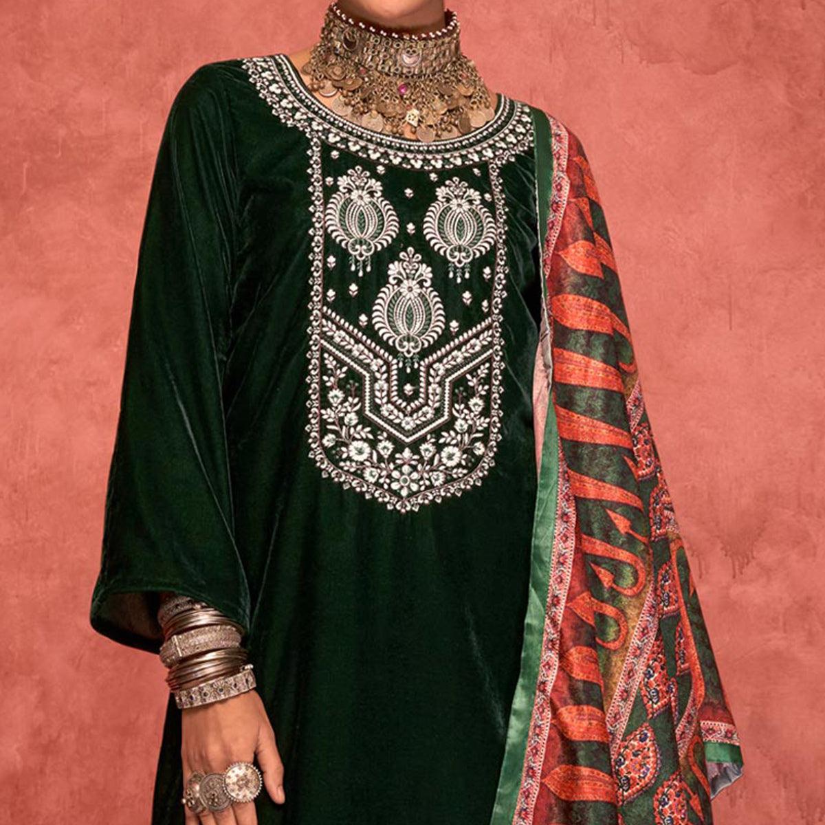 Green Embroidered Velvet Pakistani Suit - Peachmode