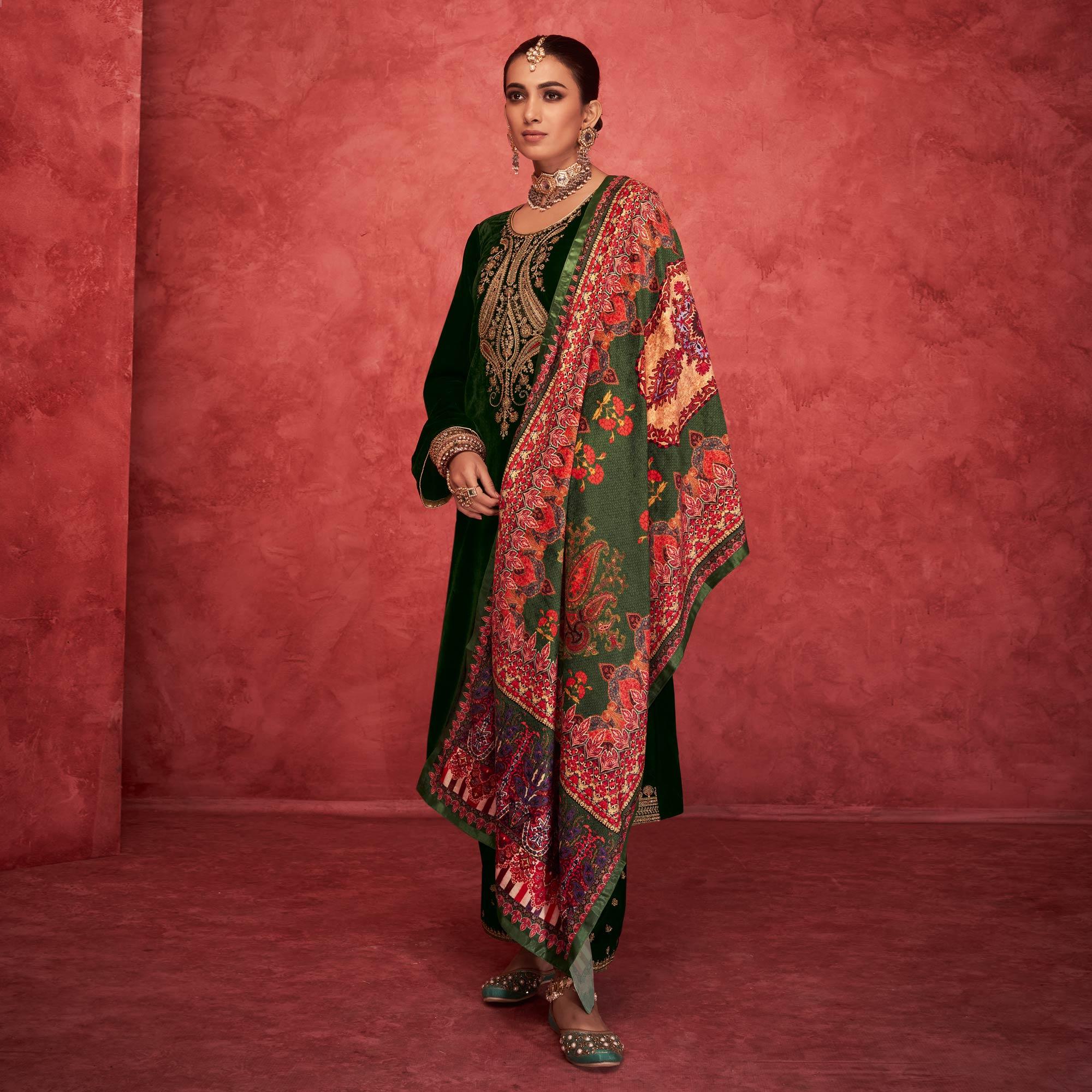 Green Embroidered Velvet Pakistani Suit - Peachmode