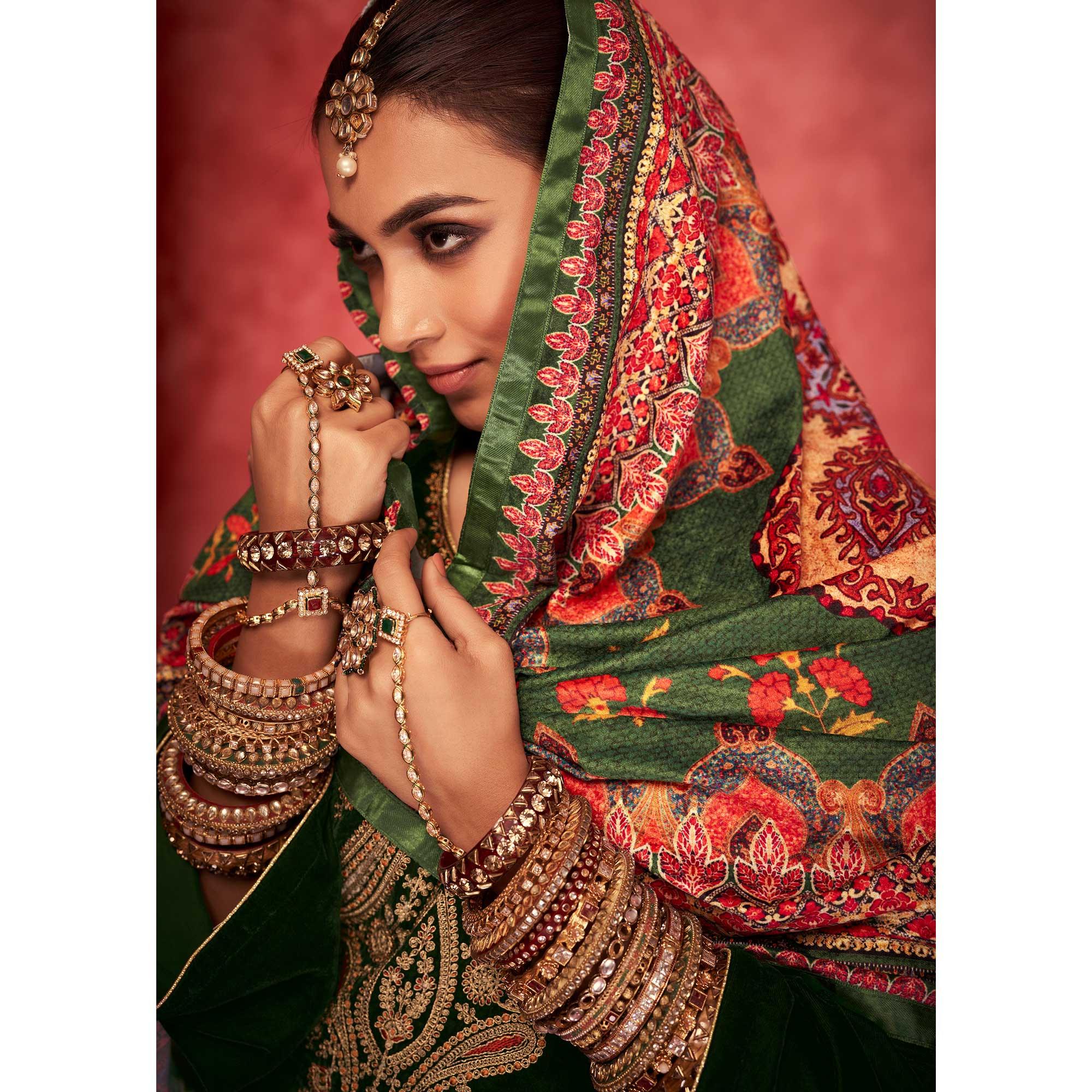 Green Embroidered Velvet Pakistani Suit - Peachmode