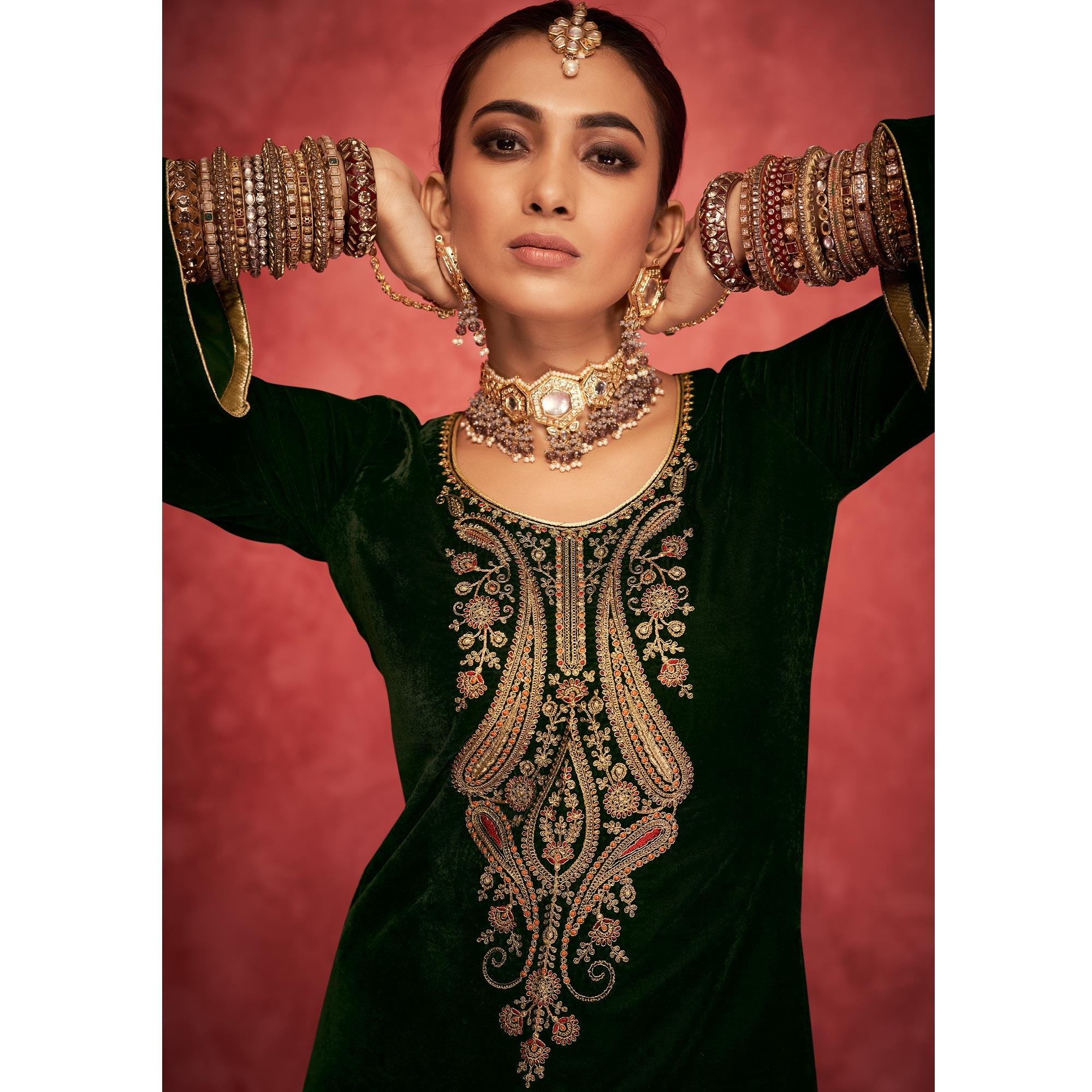 Green Embroidered Velvet Pakistani Suit - Peachmode