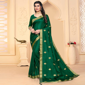 Green Embroidered Vichitra Silk Saree - Peachmode