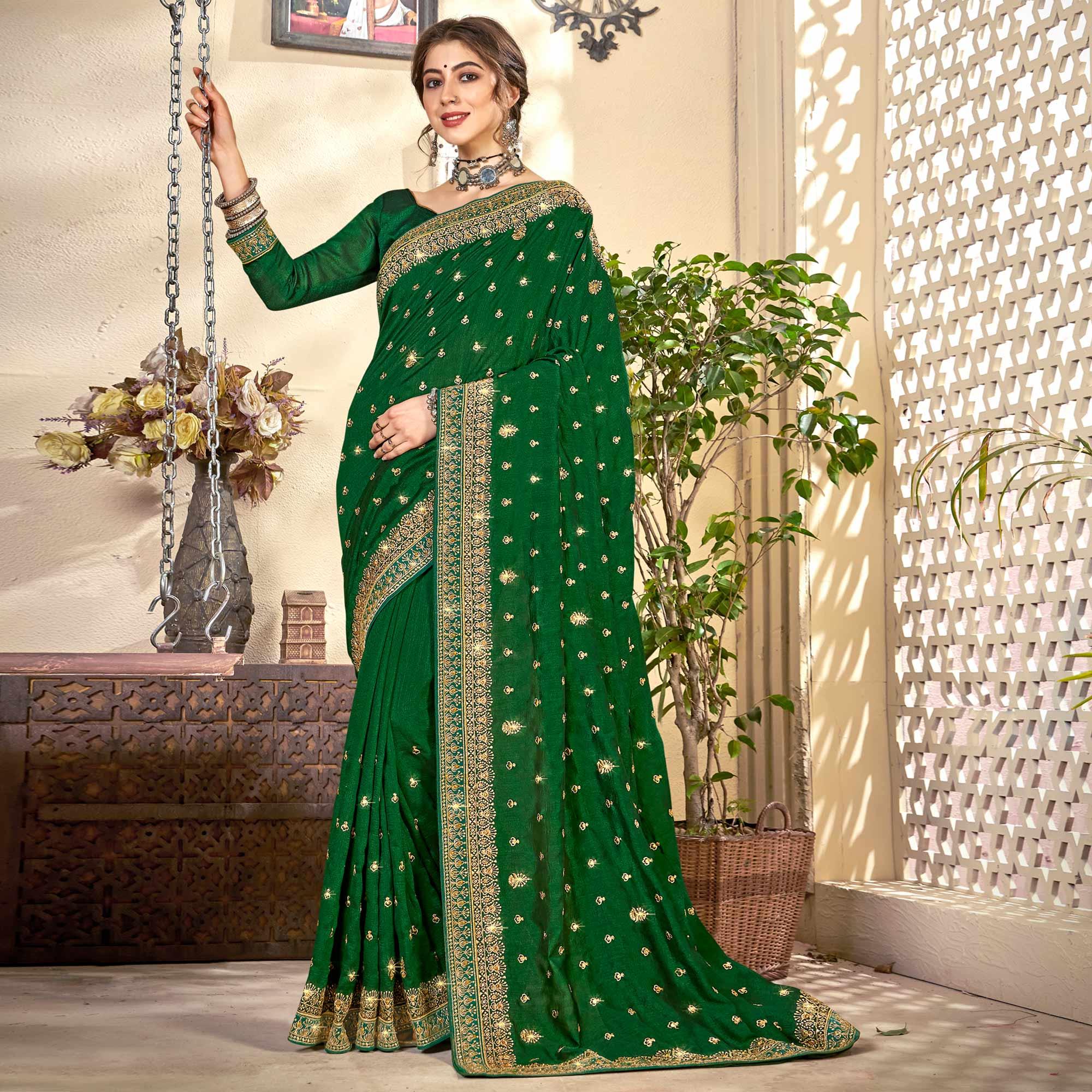 Green Embroidered Vichitra Silk Saree - Peachmode