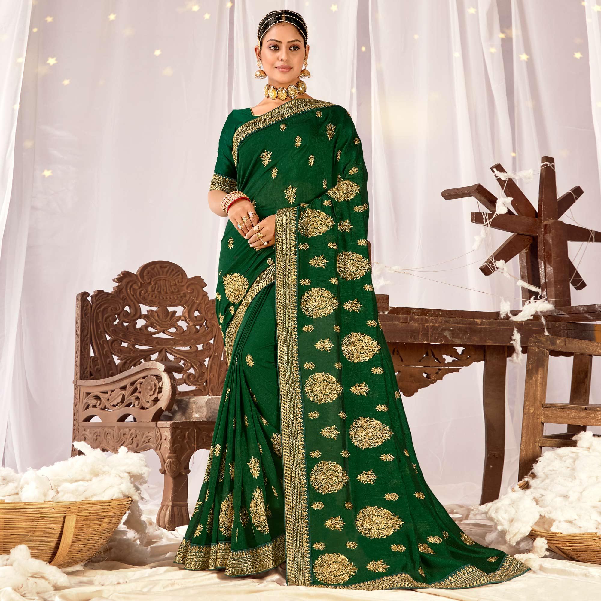 Green Embroidered Vichitra Silk Saree - Peachmode