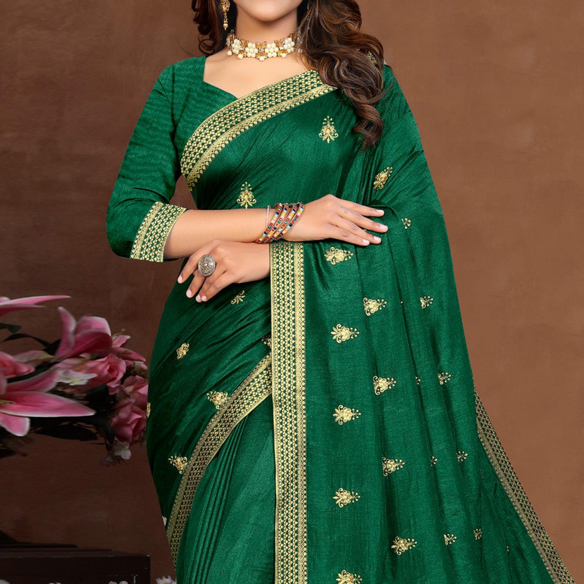 Green Embroidered Vichitra Silk Saree - Peachmode
