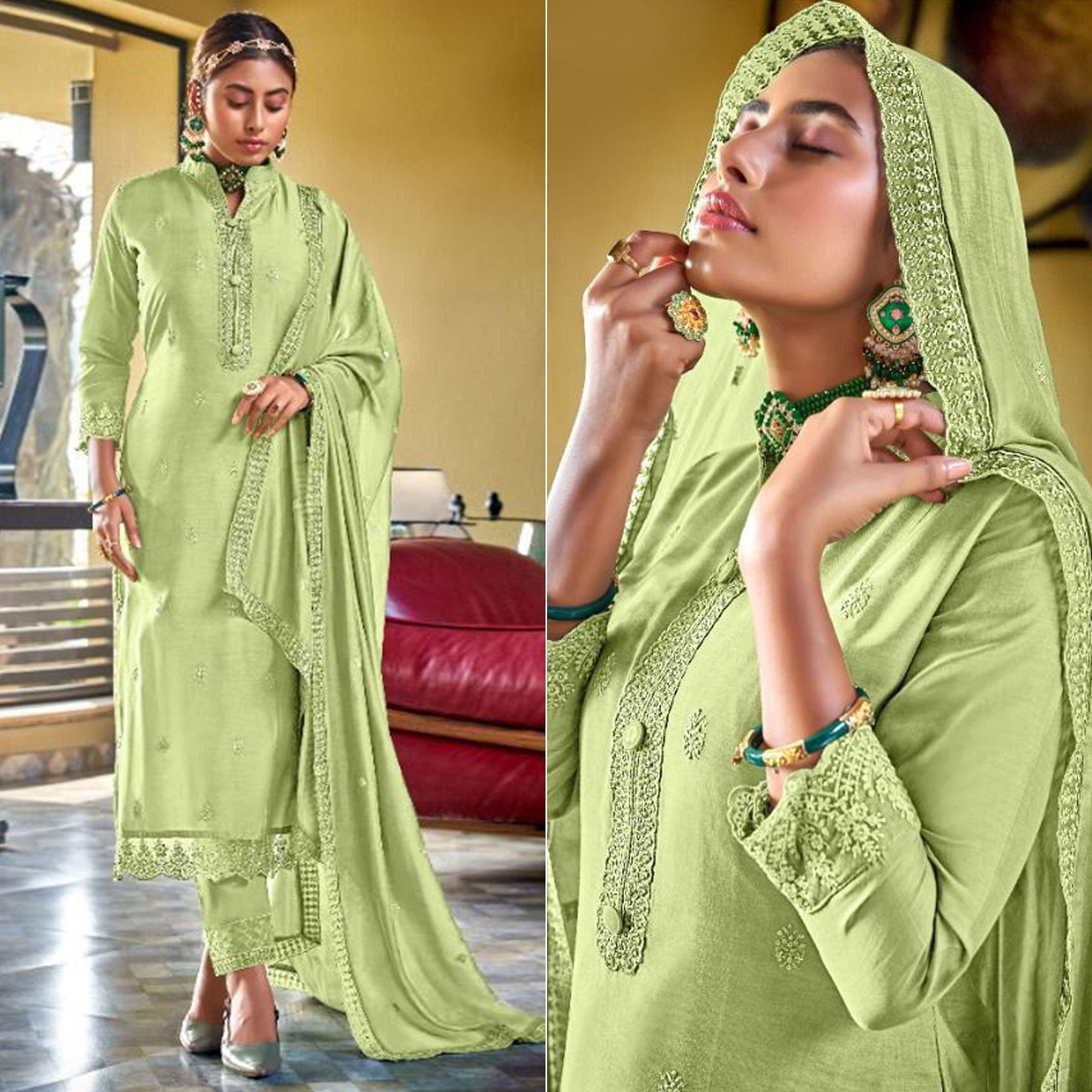 Green Embroidered Viscose Kurti Pant Set With Dupatta - Peachmode