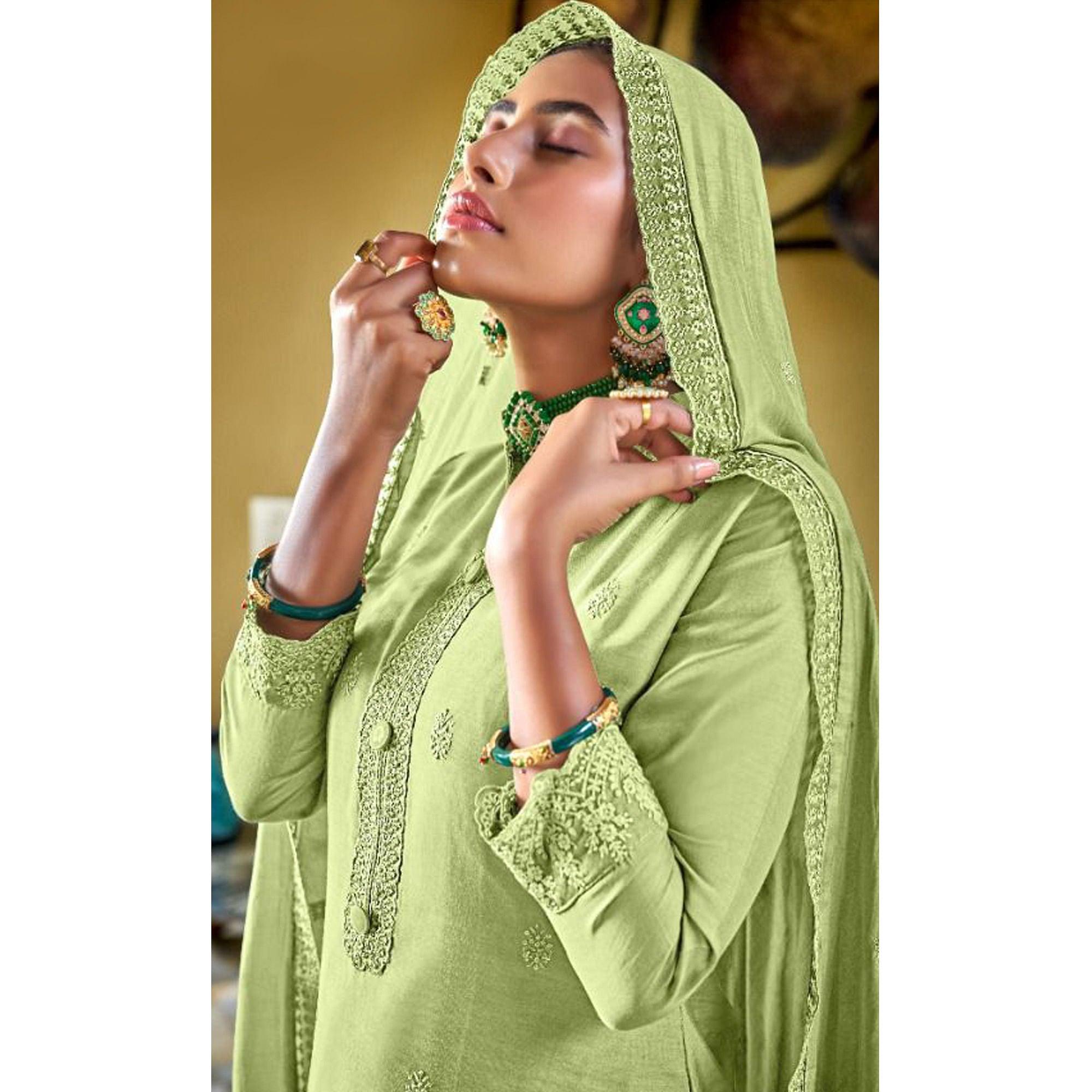 Green Embroidered Viscose Kurti Pant Set With Dupatta - Peachmode