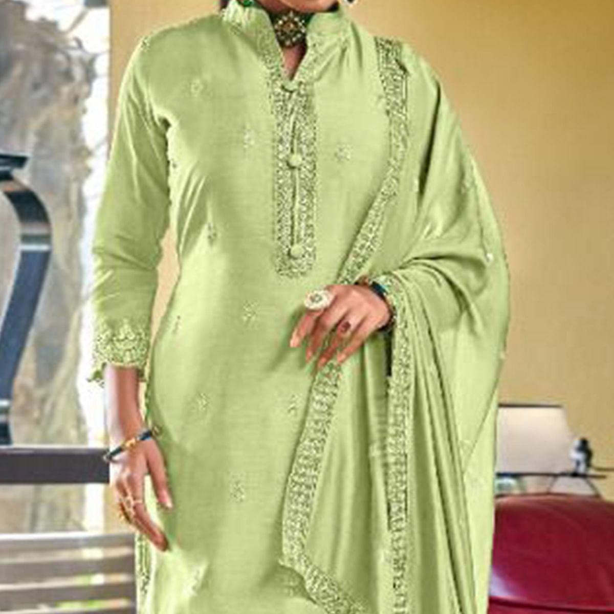 Green Embroidered Viscose Kurti Pant Set With Dupatta - Peachmode