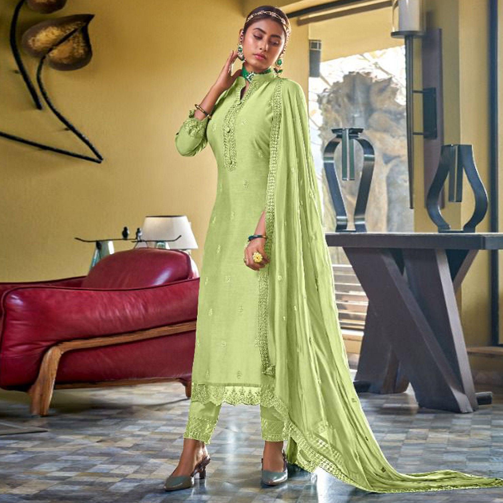 Green Embroidered Viscose Kurti Pant Set With Dupatta - Peachmode