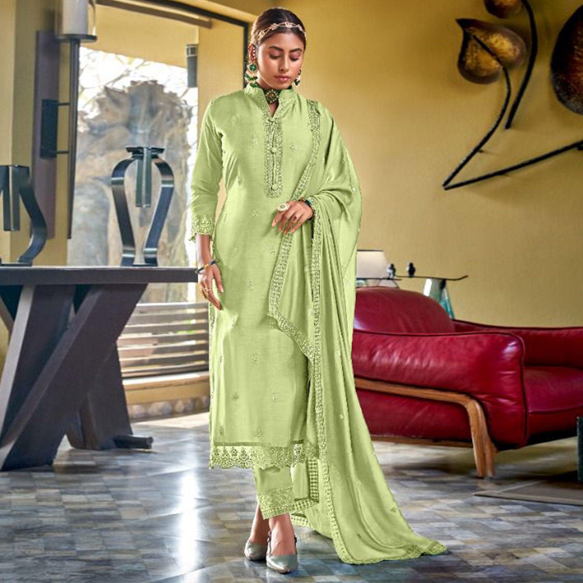 Green Embroidered Viscose Kurti Pant Set With Dupatta - Peachmode