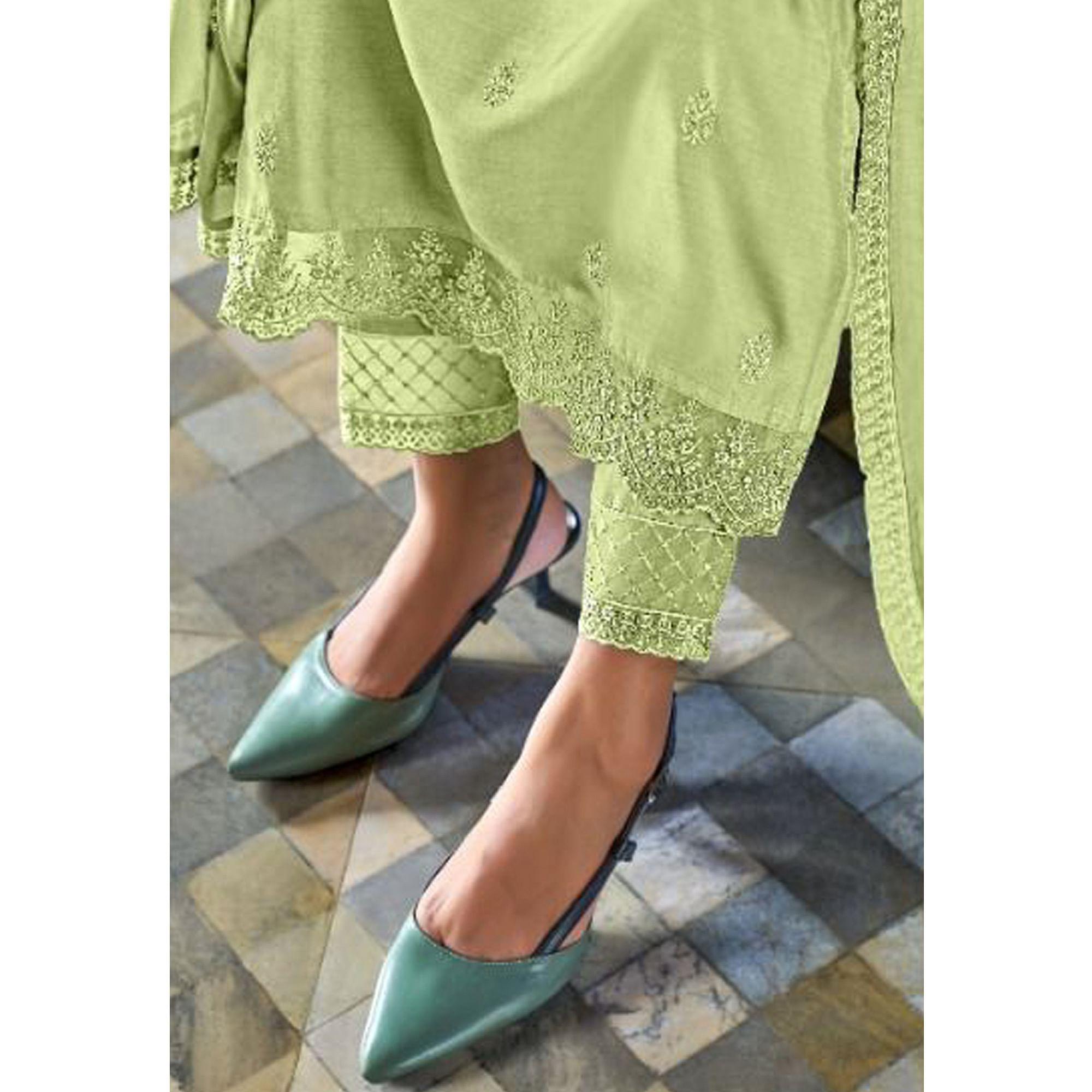 Green Embroidered Viscose Kurti Pant Set With Dupatta - Peachmode