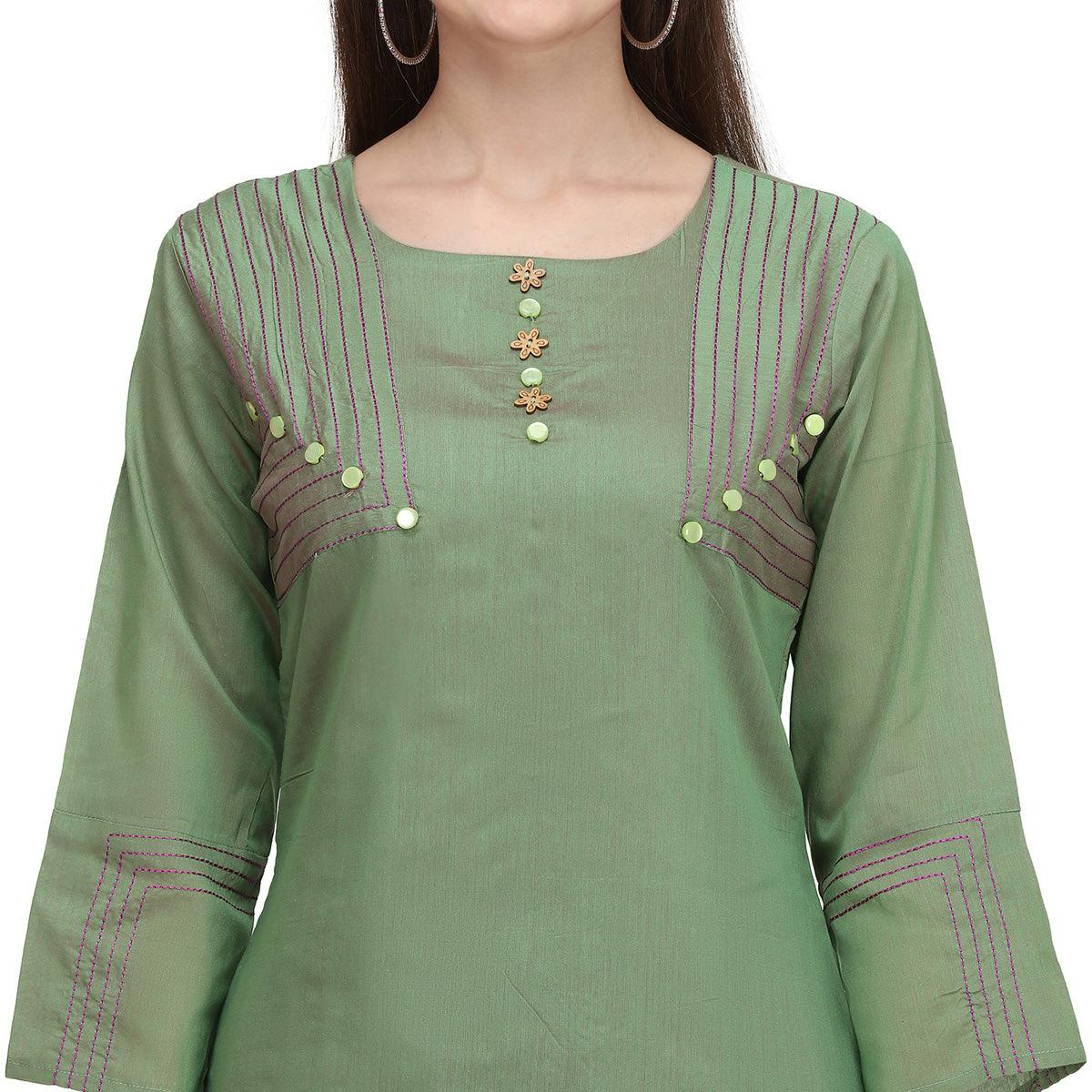 Green Embroidered Viscose Kurti - Peachmode