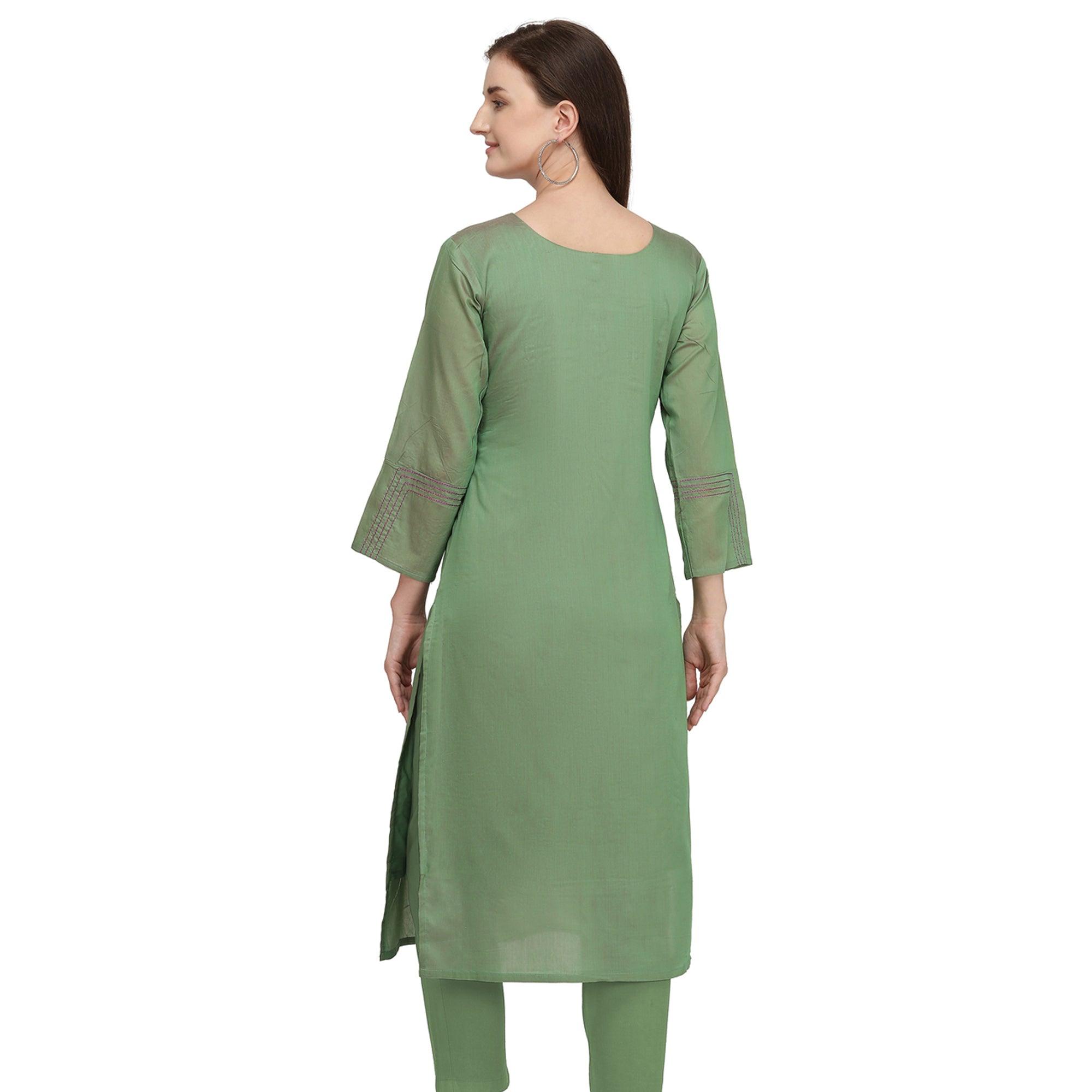 Green Embroidered Viscose Kurti - Peachmode