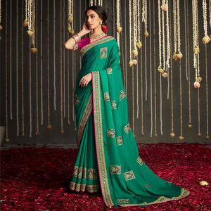 Green Embroidered With Embellished Art Silk Saree With Tassels - Peachmode