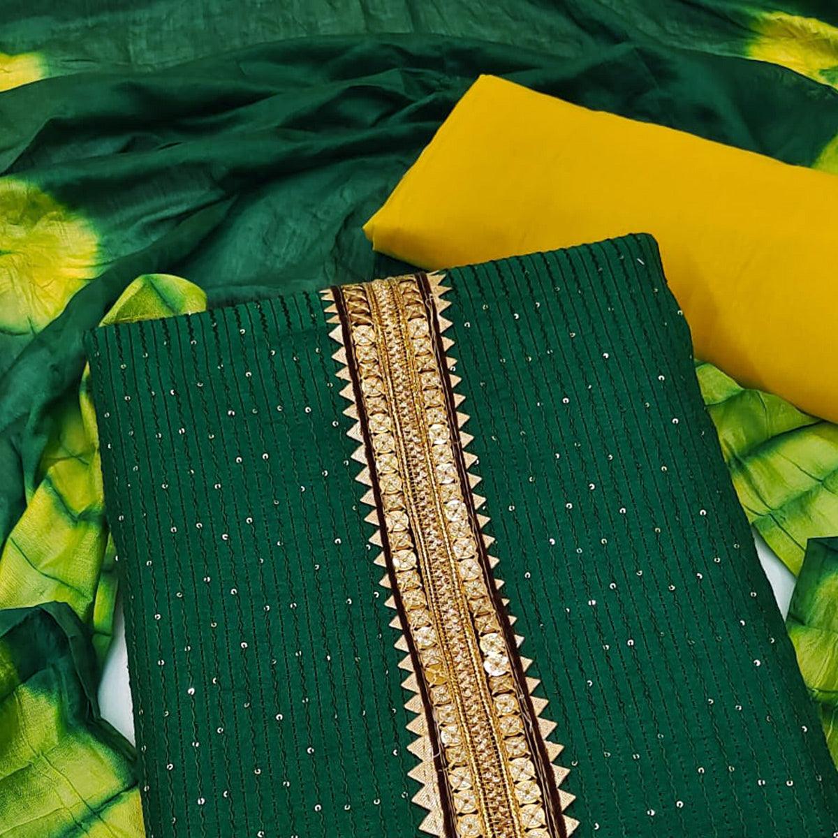Green Embroidered With Embellished Cotton Blend Dress Material - Peachmode