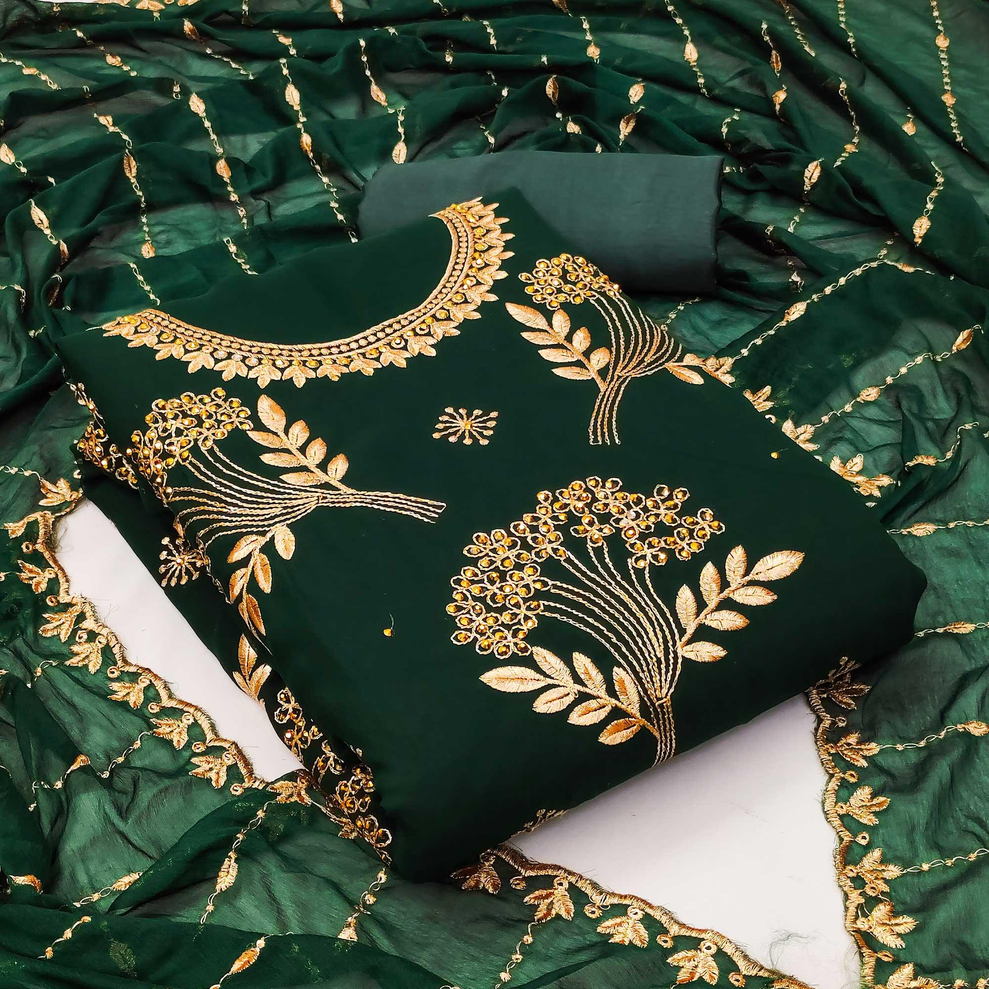 Green Embroidered With Embellished Georgette Dress Material - Peachmode