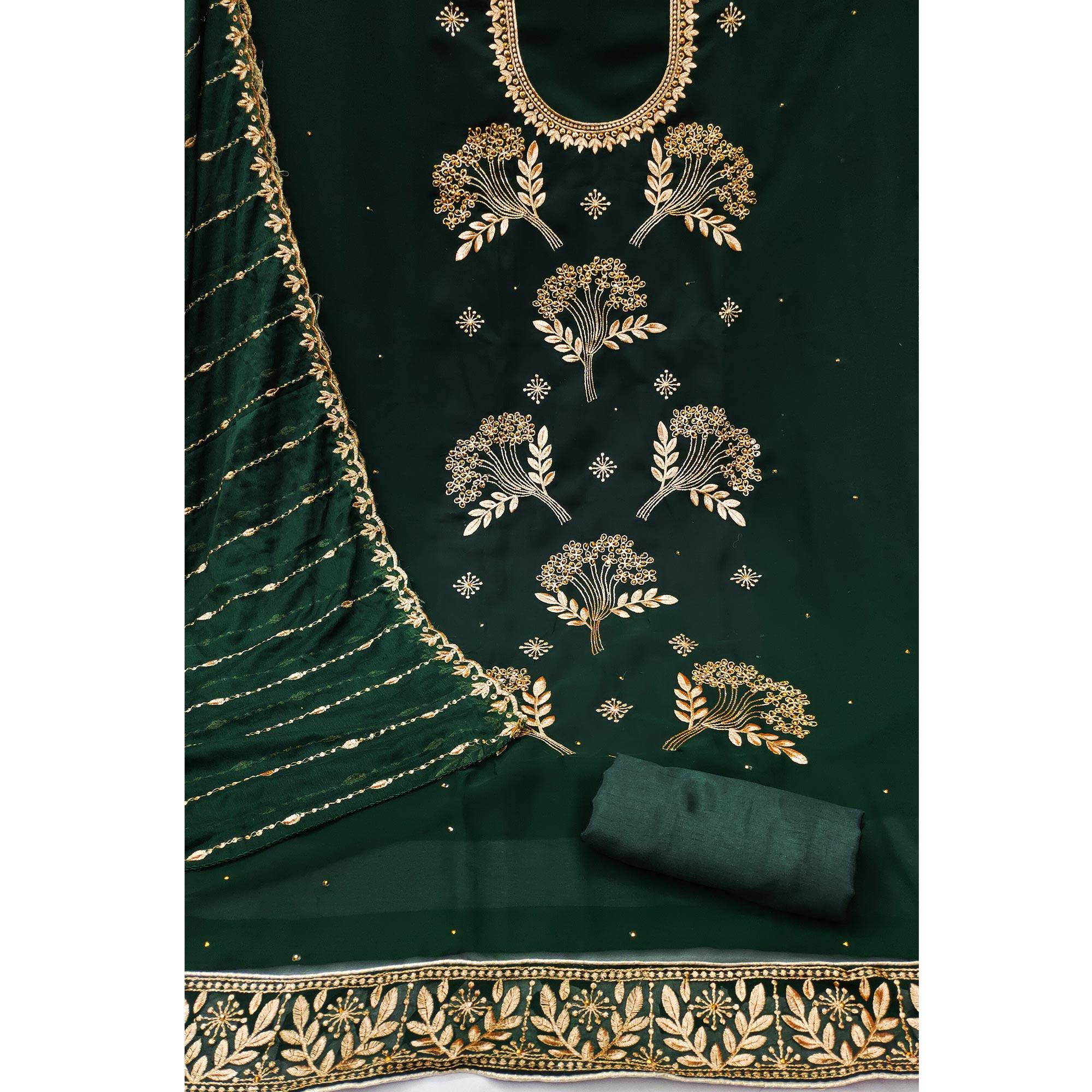Green Embroidered With Embellished Georgette Dress Material - Peachmode