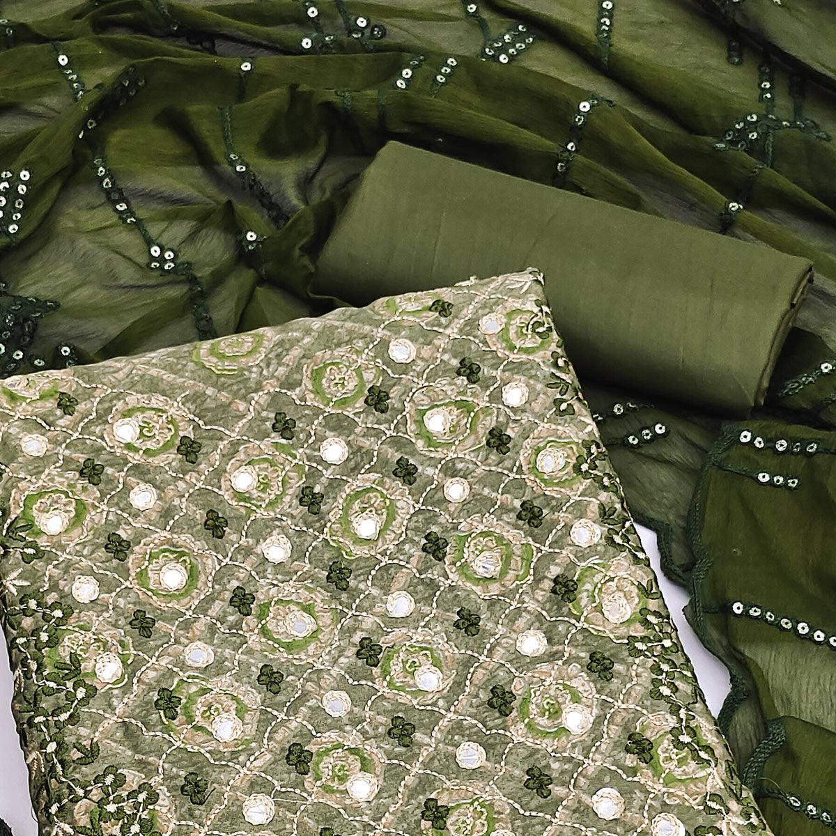 Green Embroidered With Embellished Poly Cotton Dress Material - Peachmode