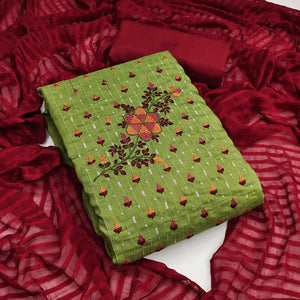 Green Embroidered With Embellished Pure Cotton Dress Material - Peachmode