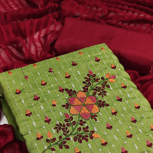Green Embroidered With Embellished Pure Cotton Dress Material - Peachmode