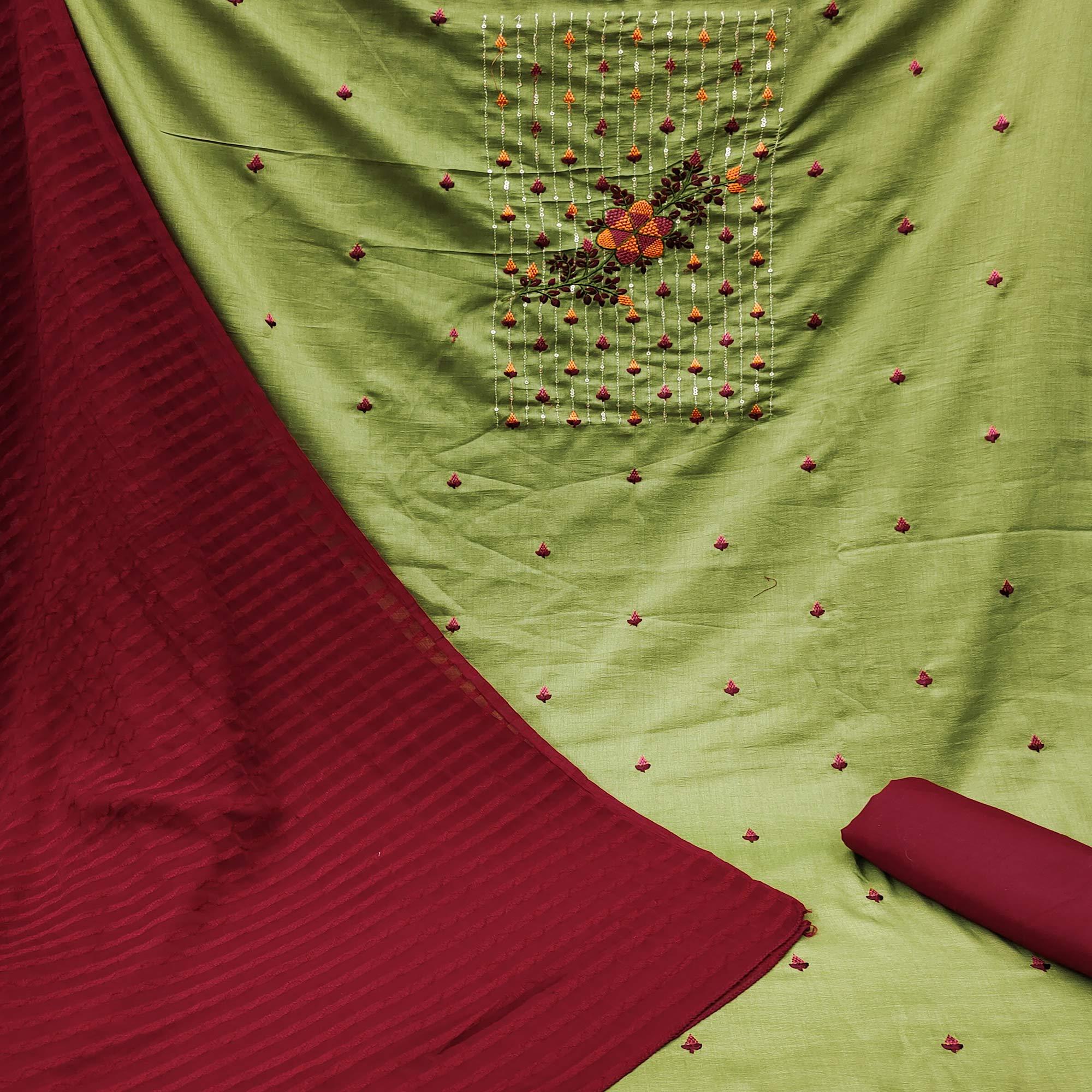 Green Embroidered With Embellished Pure Cotton Dress Material - Peachmode