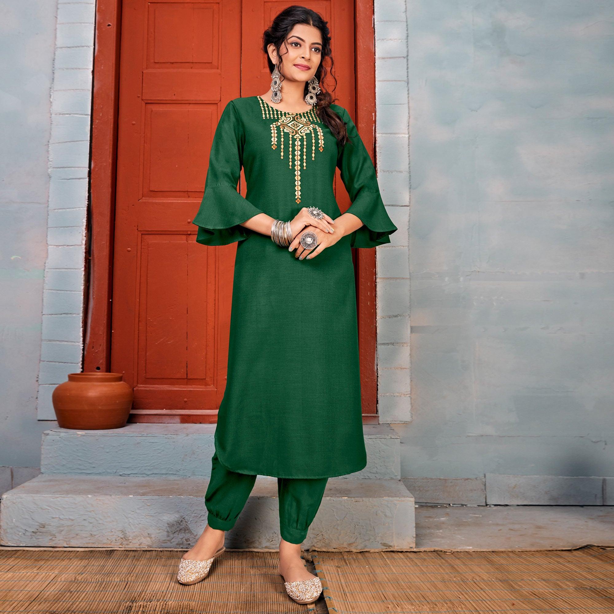Green Embroidered With Embellished Rayon Kurti Pant Set - Peachmode