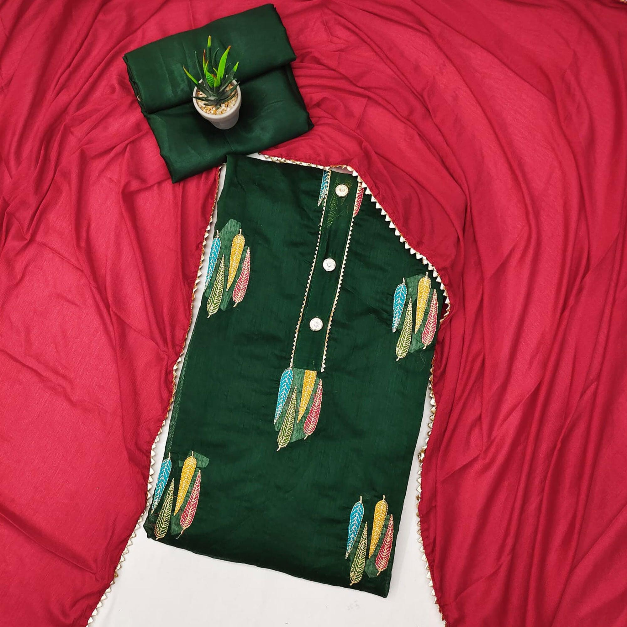 Green Embroidered With Gota Patti Work Chanderi Dress Material - Peachmode