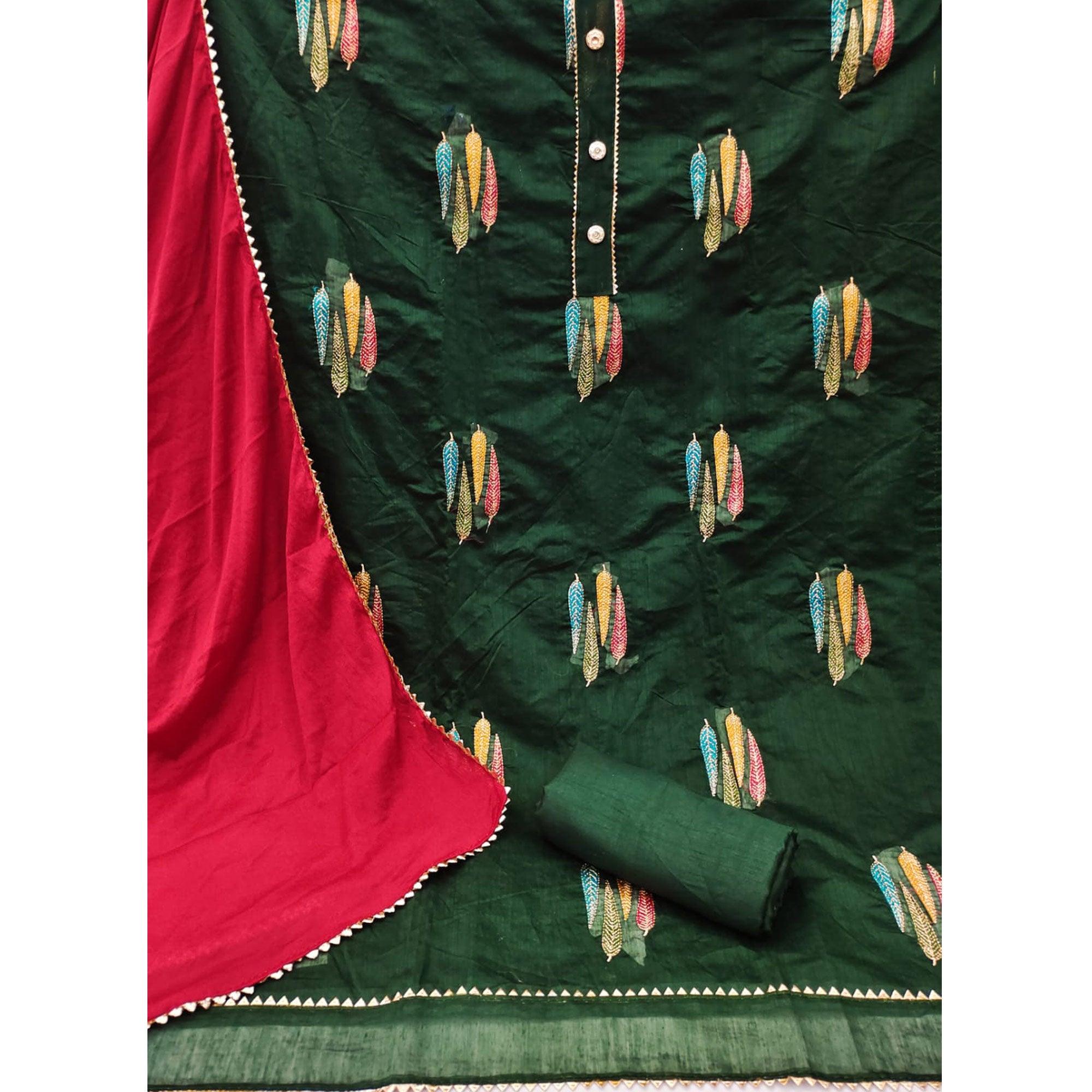Green Embroidered With Gota Patti Work Chanderi Dress Material - Peachmode