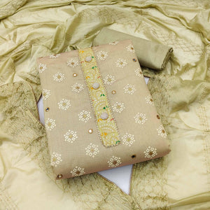 Green Embroidered With Mirror Work Chanderi Dress Material - Peachmode