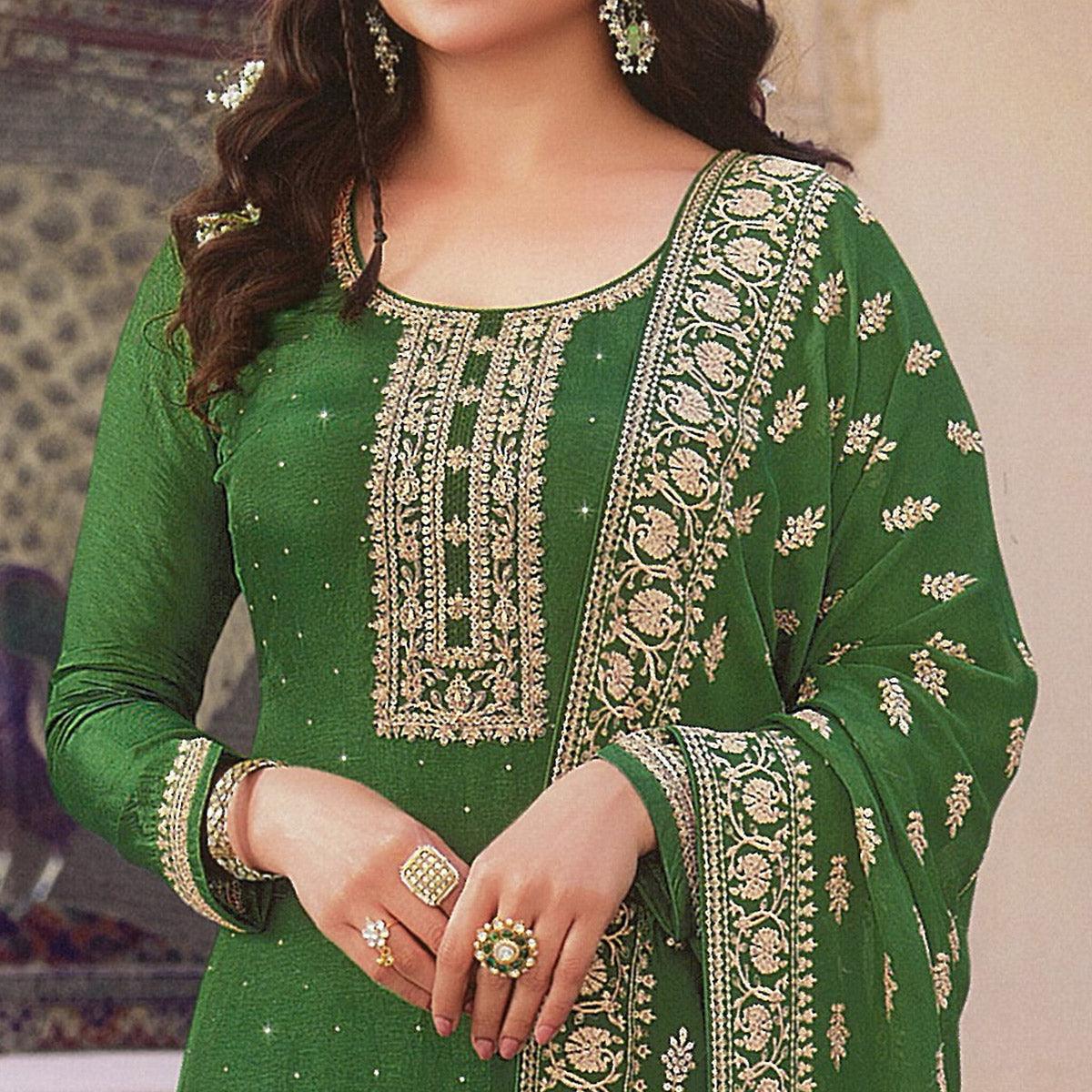 Green Embroidered With Swarovski Work Dola Silk Salwar Suit - Peachmode