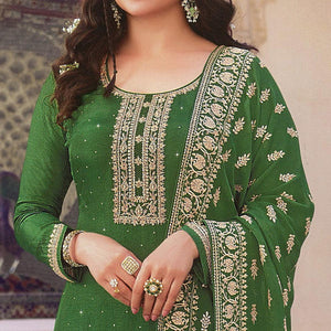 Green Embroidered With Swarovski Work Dola Silk Salwar Suit - Peachmode