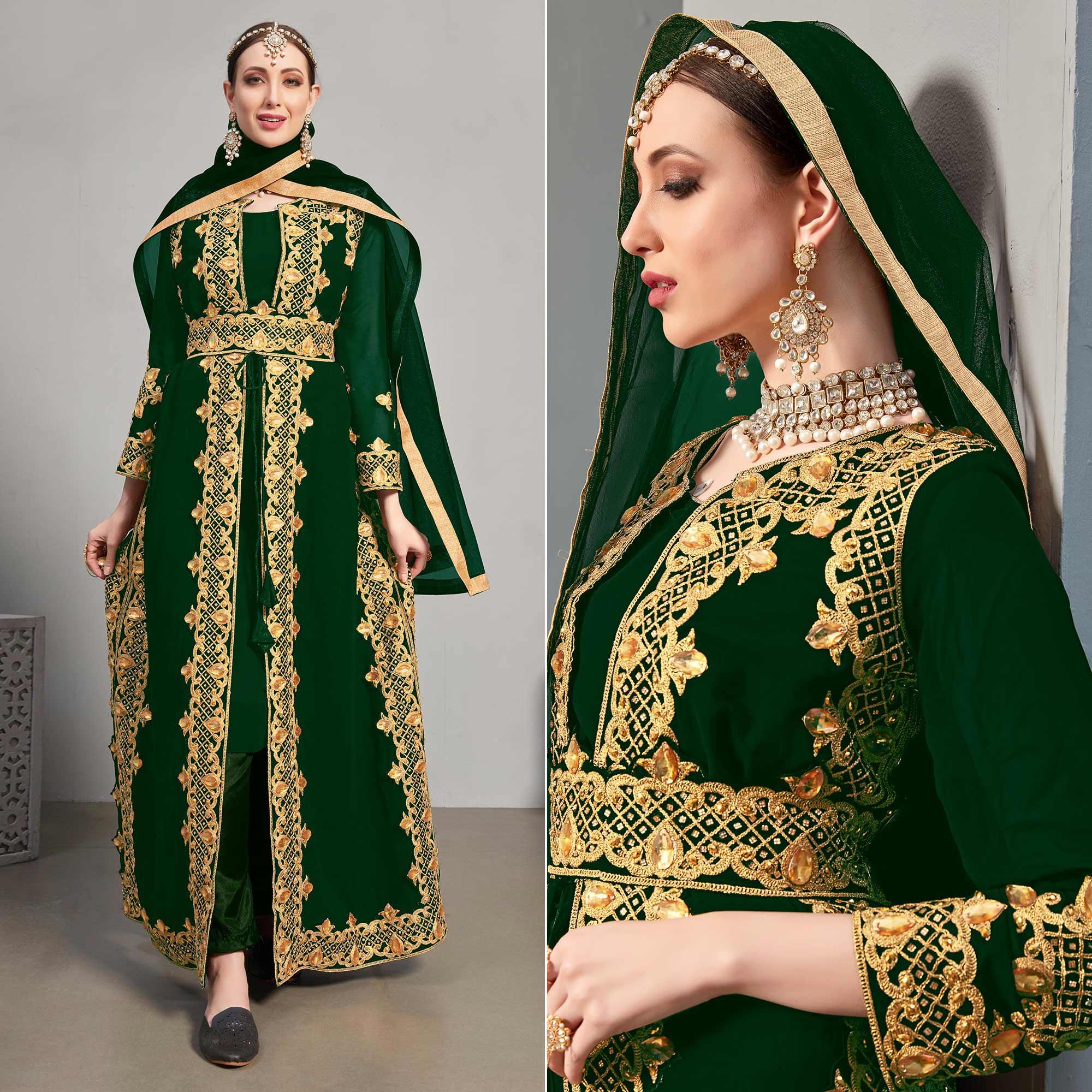 Green Embroidery With Heavy Stonework Georgette Partywear Suit With Jacket - Peachmode