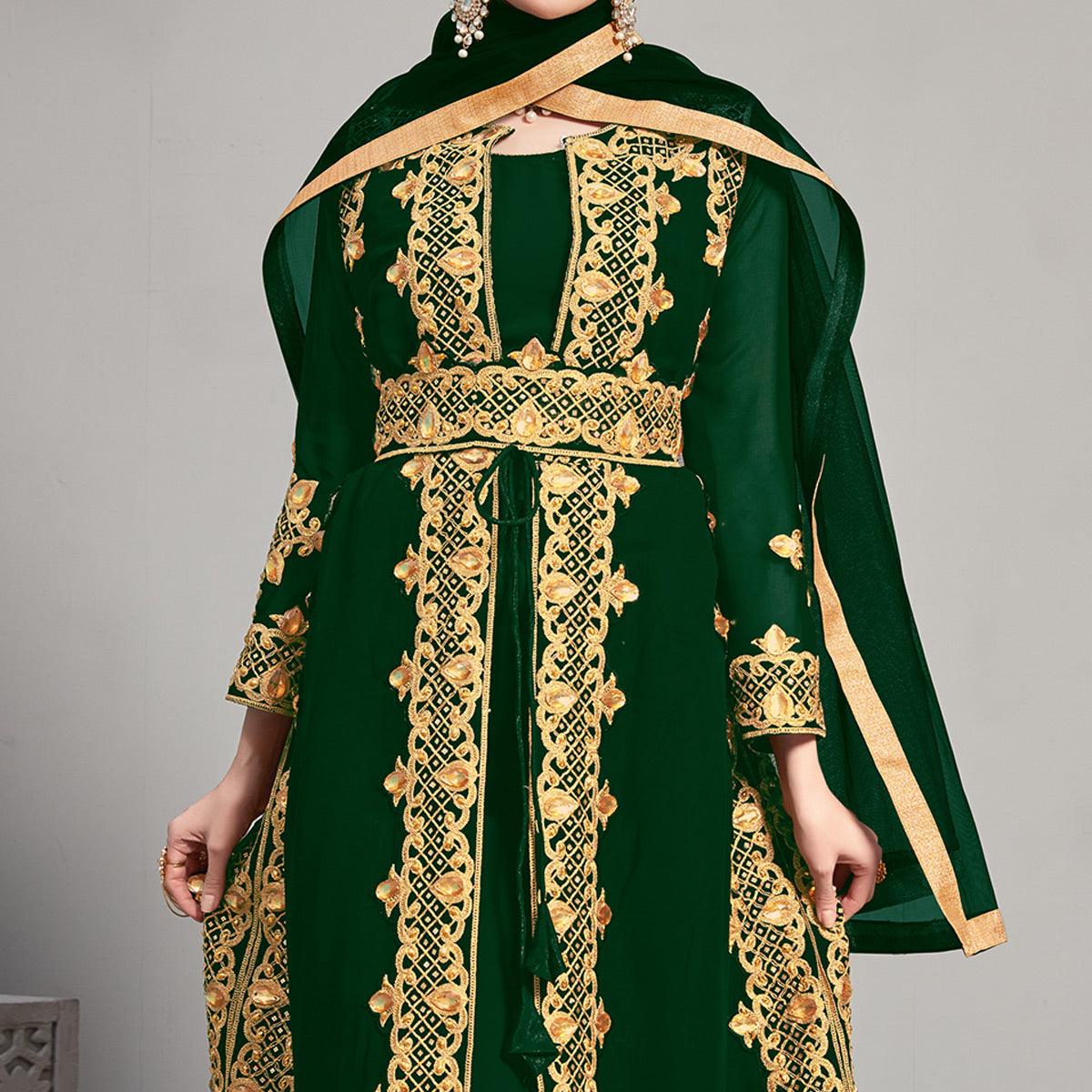 Green Embroidery With Heavy Stonework Georgette Partywear Suit With Jacket - Peachmode