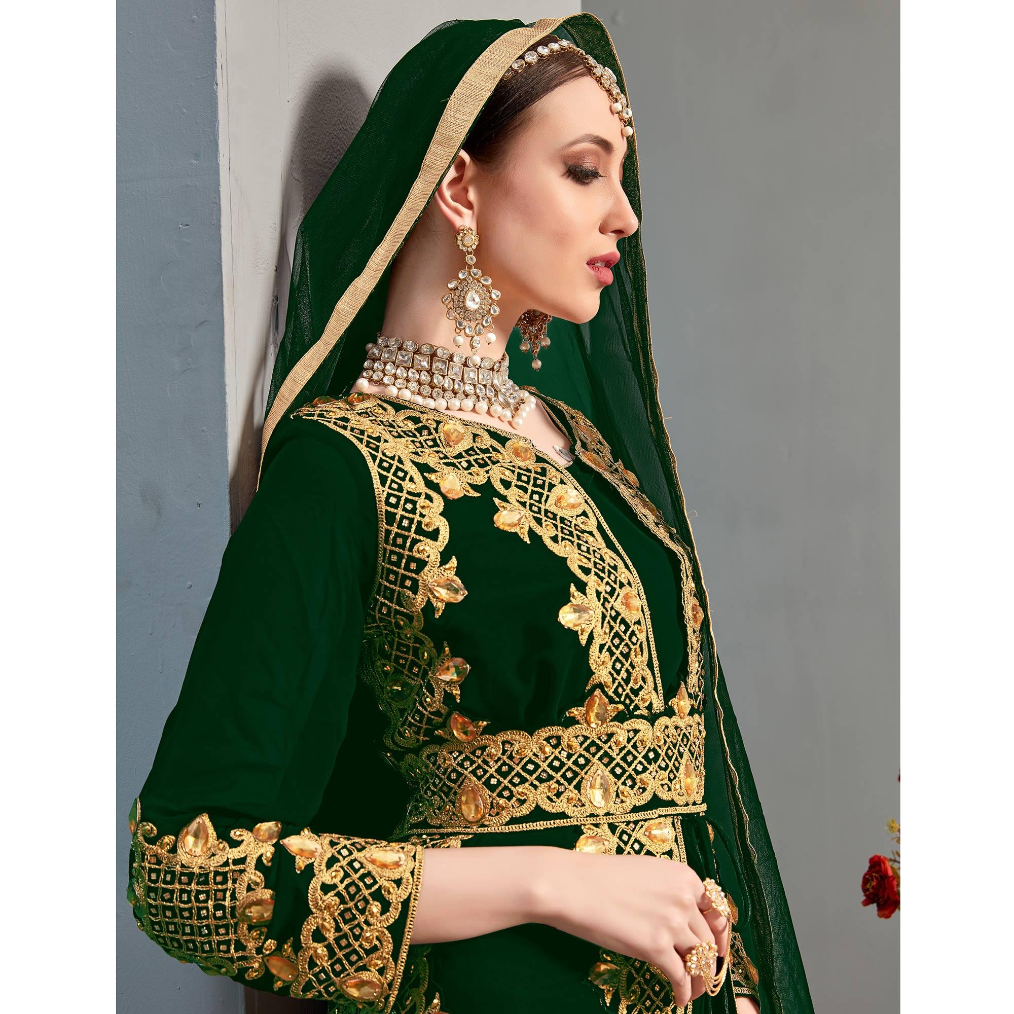 Green Embroidery With Heavy Stonework Georgette Partywear Suit With Jacket - Peachmode