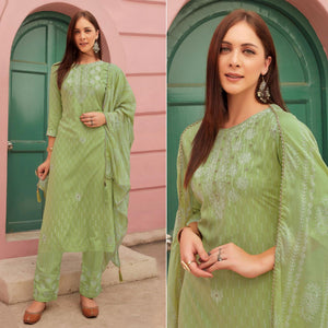 Green Embroidery With Printed Pure Cotton Kurti Pant Set With Dupatta - Peachmode