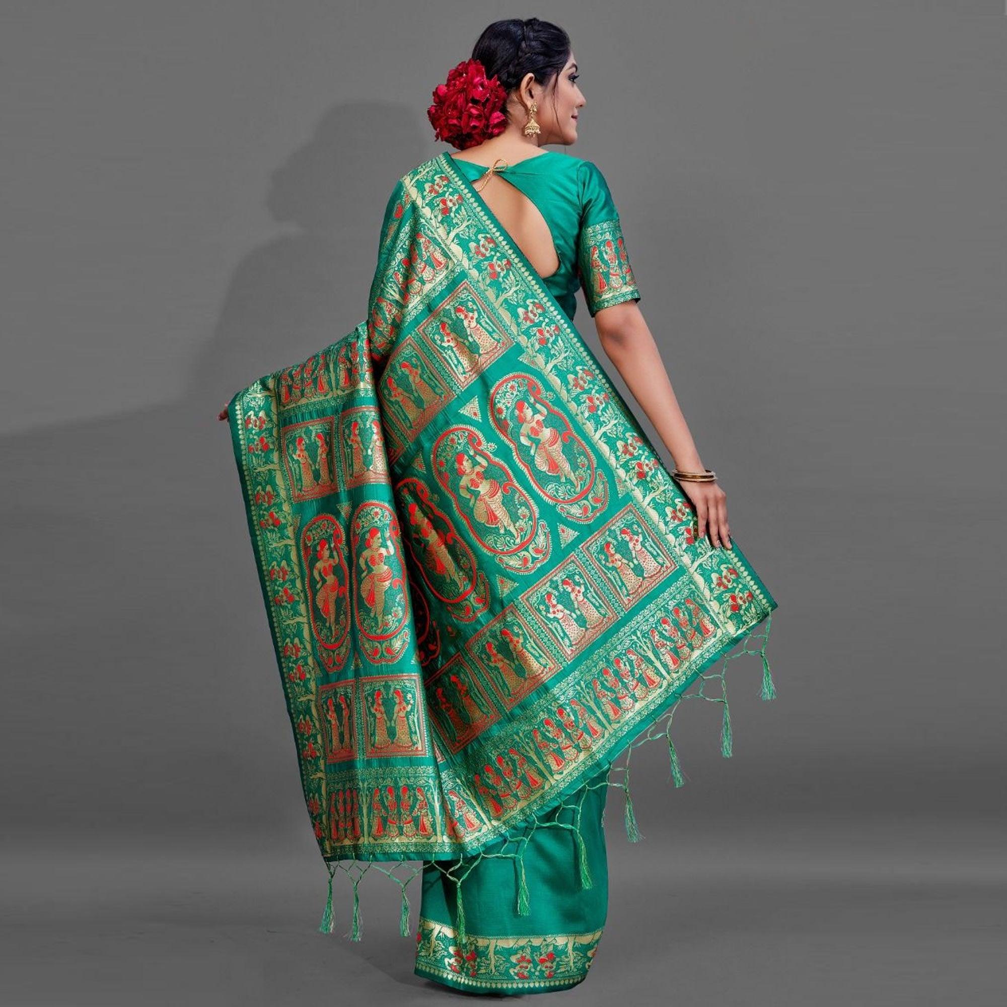 Green Festive Art Silk Saree With Unstitched Blouse - Peachmode