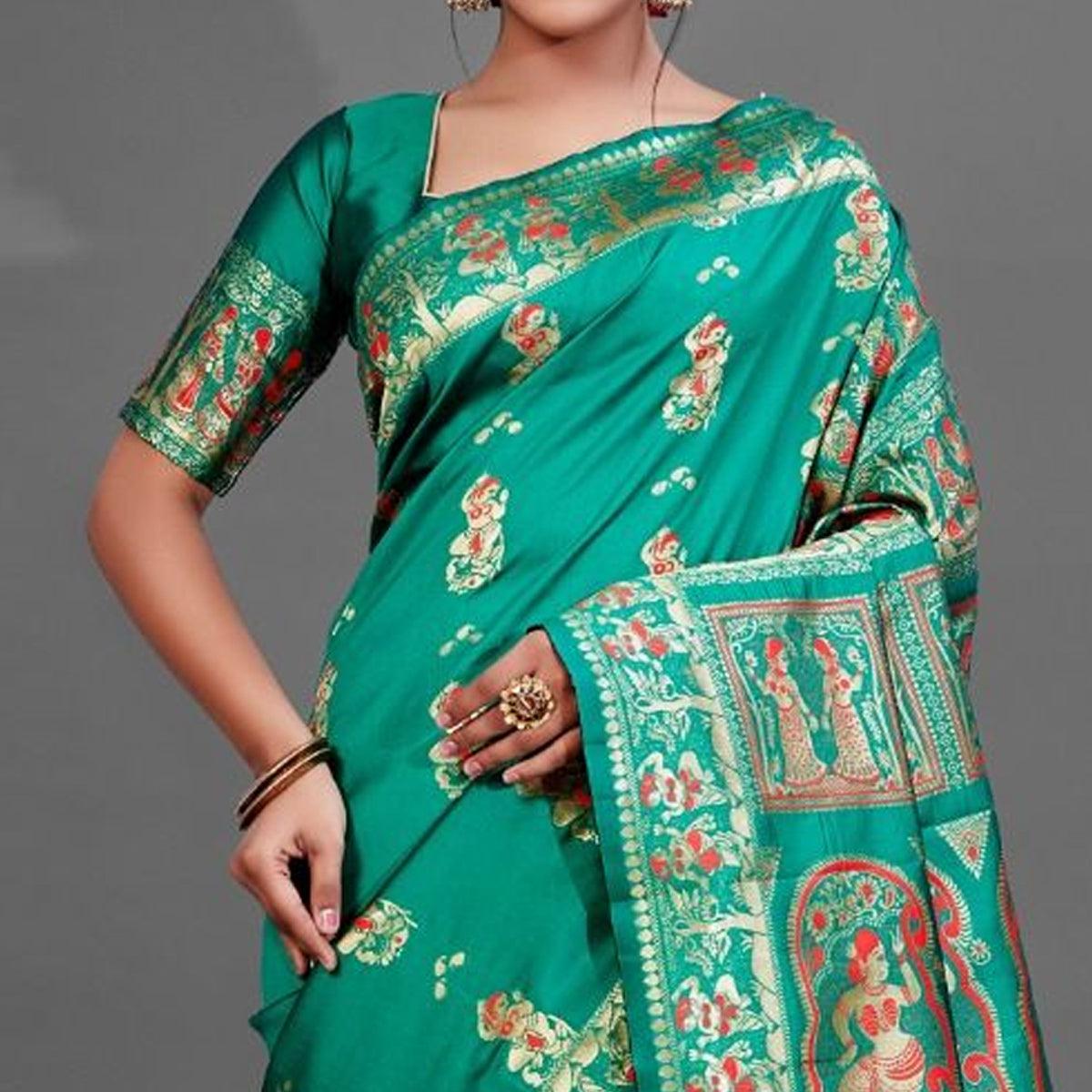 Green Festive Art Silk Saree With Unstitched Blouse - Peachmode