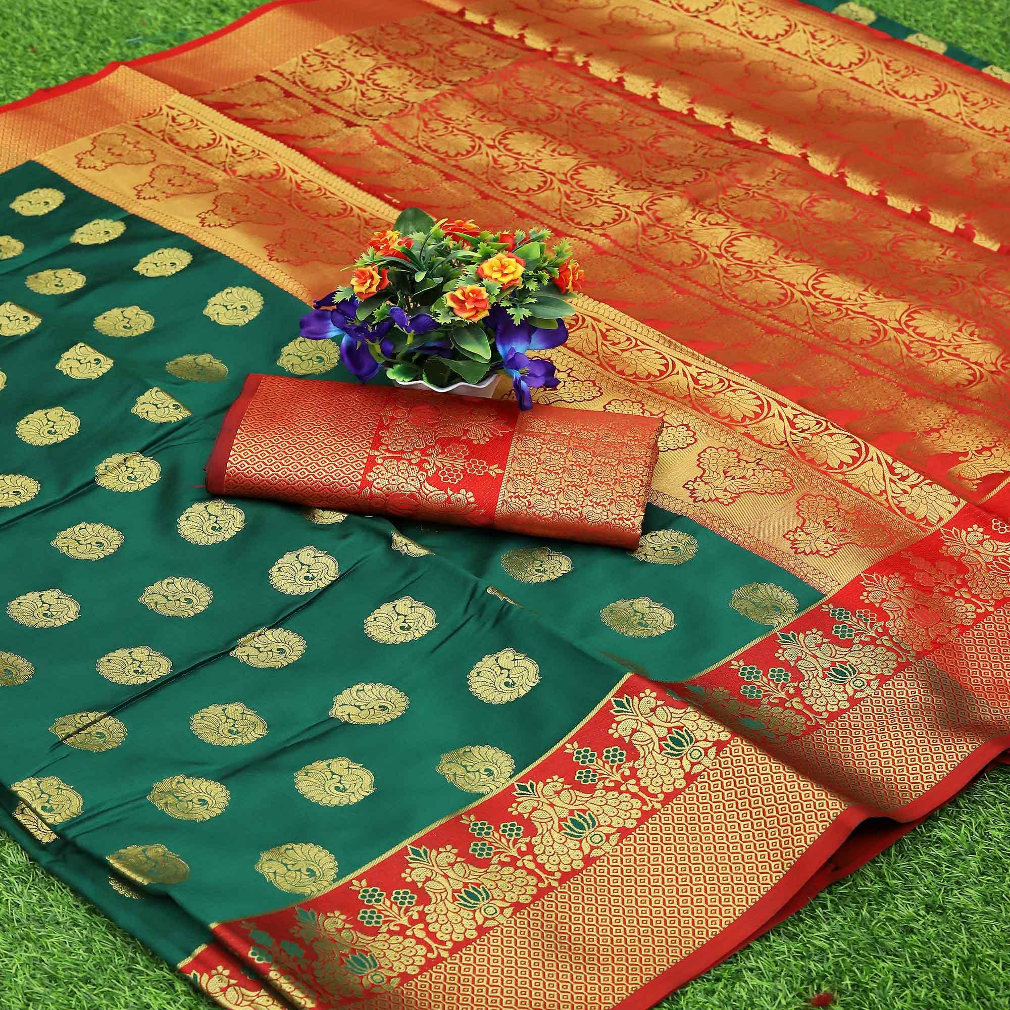 Green Festive Embroidered Kota Banarasi Art Silk Saree - Peachmode