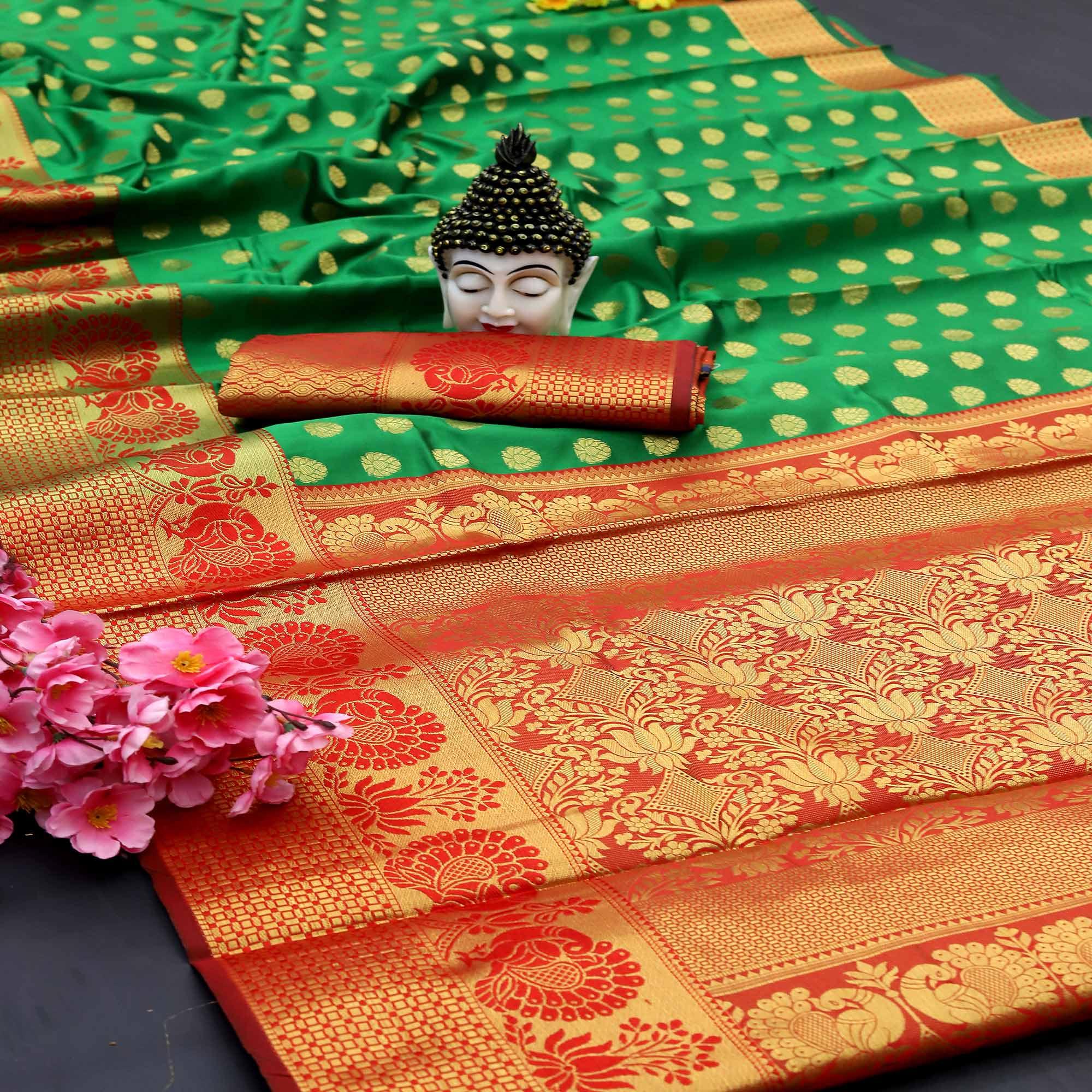 Green Festive Embroidered Kota Banarasi Art Silk Saree - Peachmode