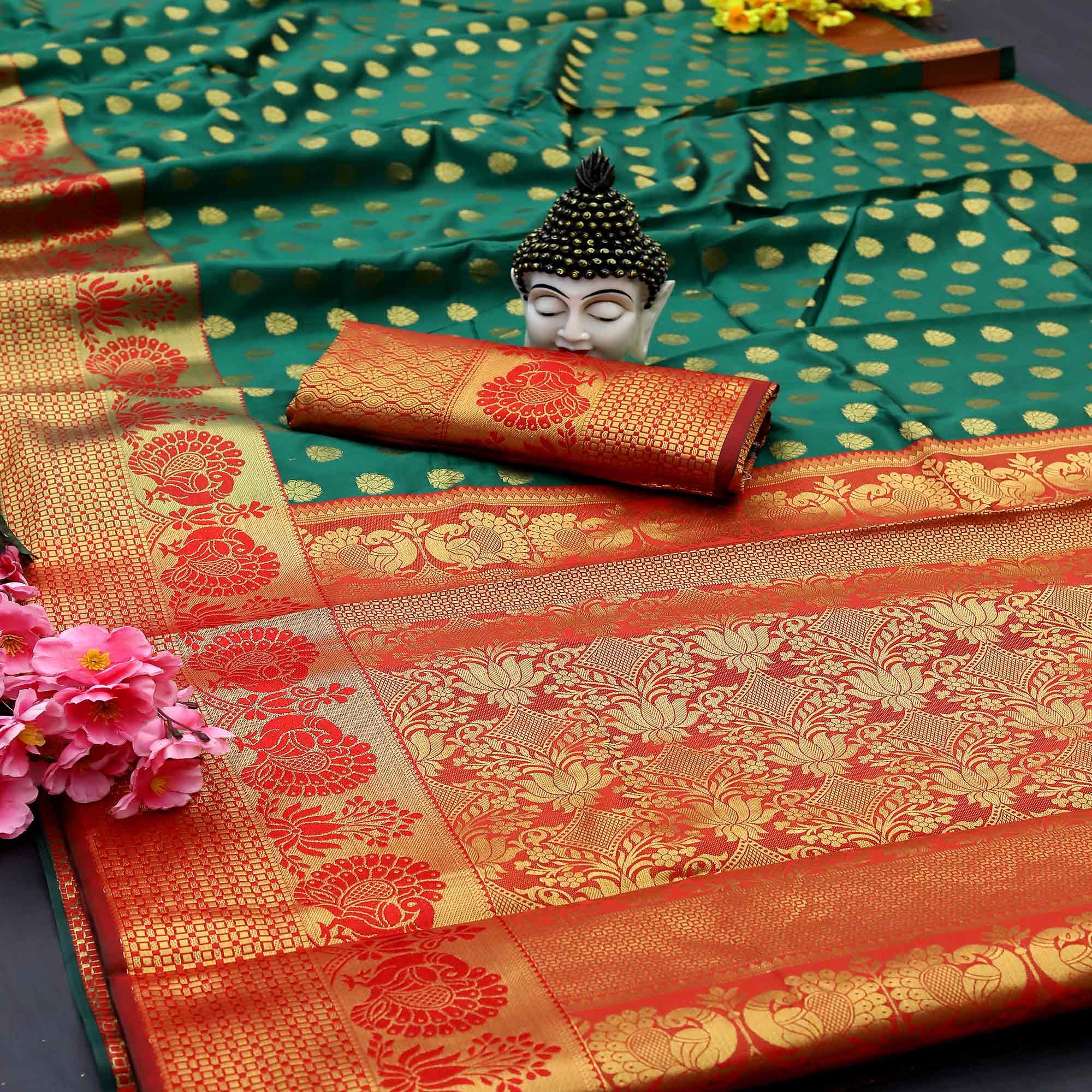 Green Festive Embroidered Kota Banarasi Art Silk Saree - Peachmode