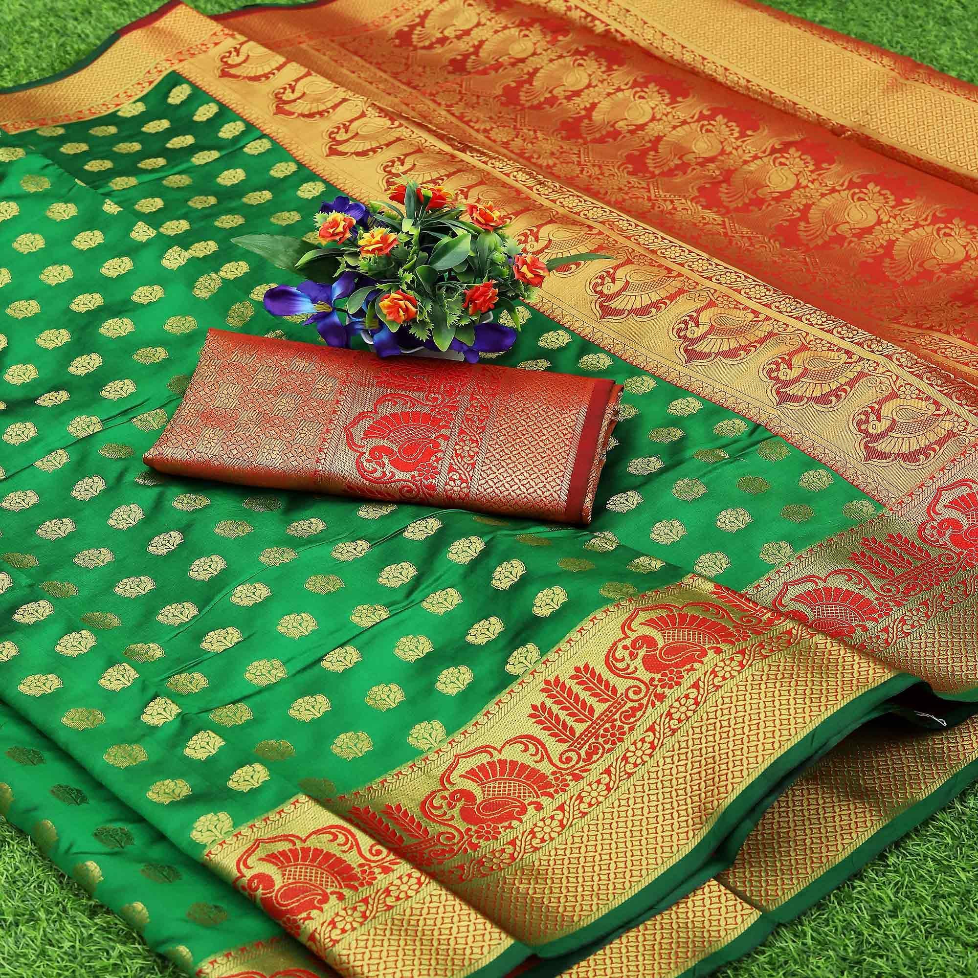 Green Festive Embroidered Kota Banarasi Art Silk Saree - Peachmode
