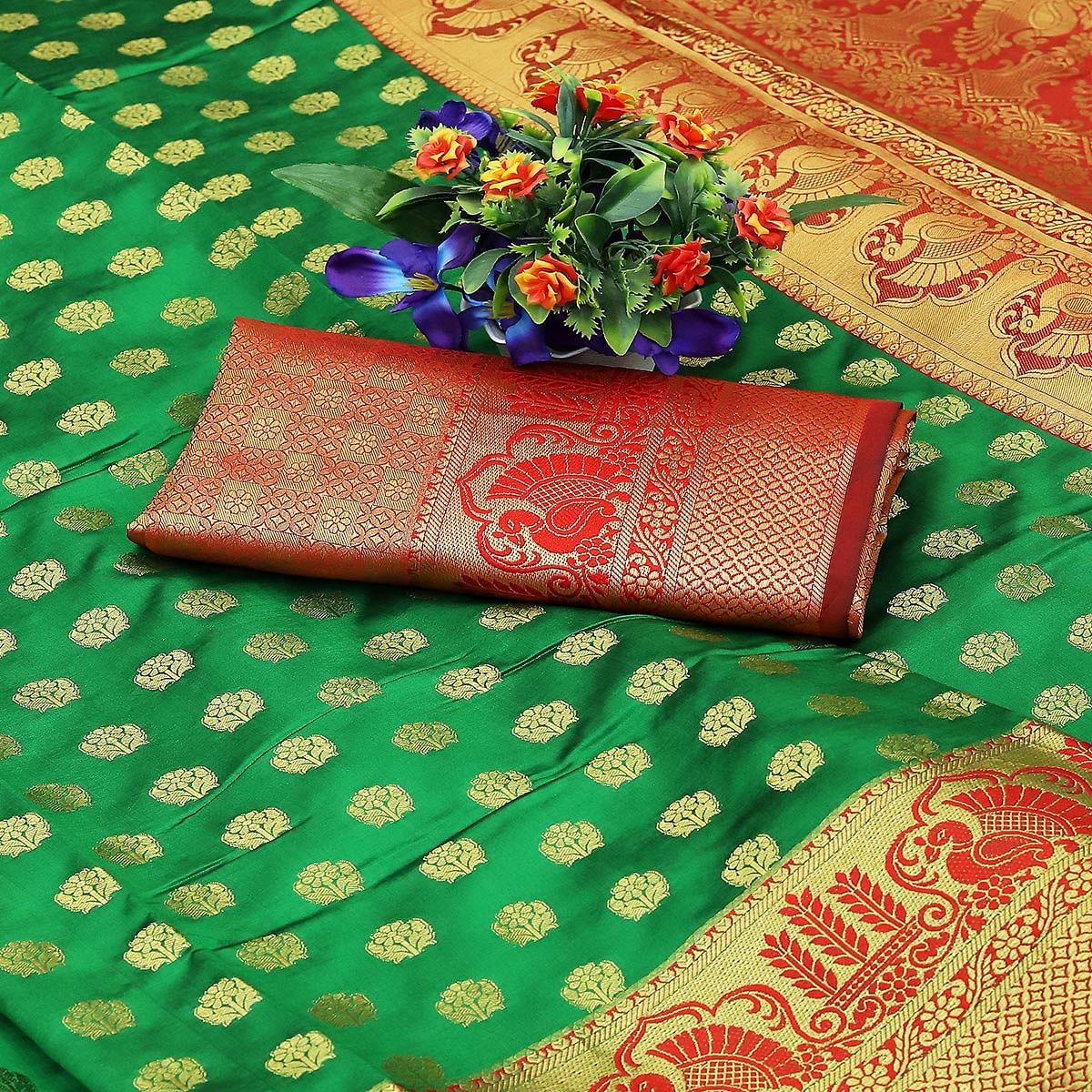 Green Festive Embroidered Kota Banarasi Art Silk Saree - Peachmode