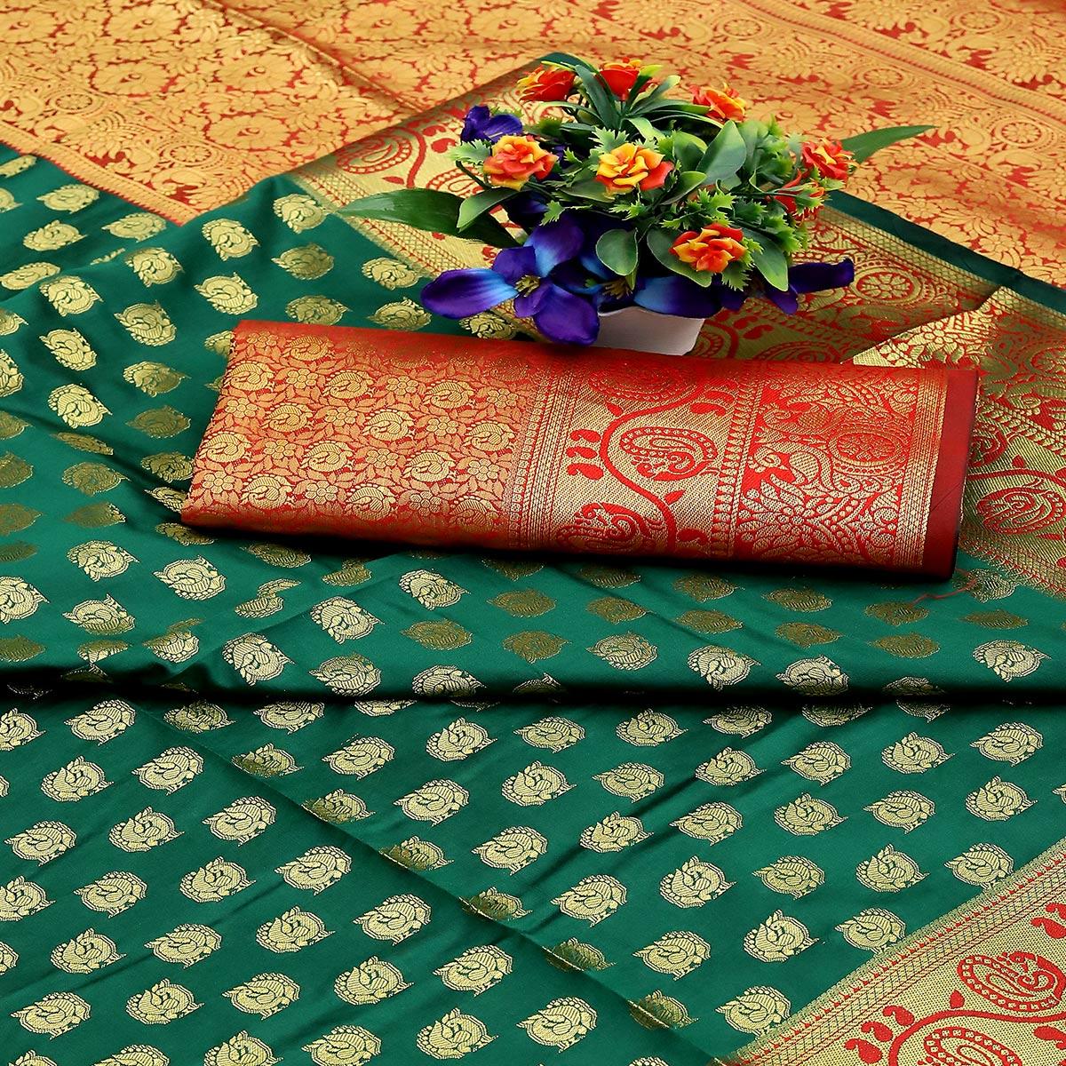 Green Festive Embroidered Kota Banarasi Art Silk Saree - Peachmode