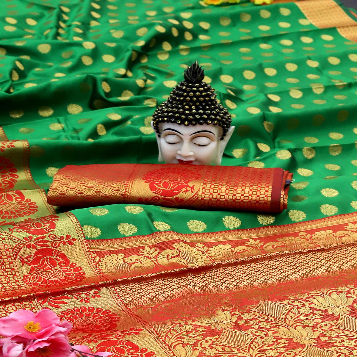Green Festive Embroidered Kota Banarasi Art Silk Saree - Peachmode