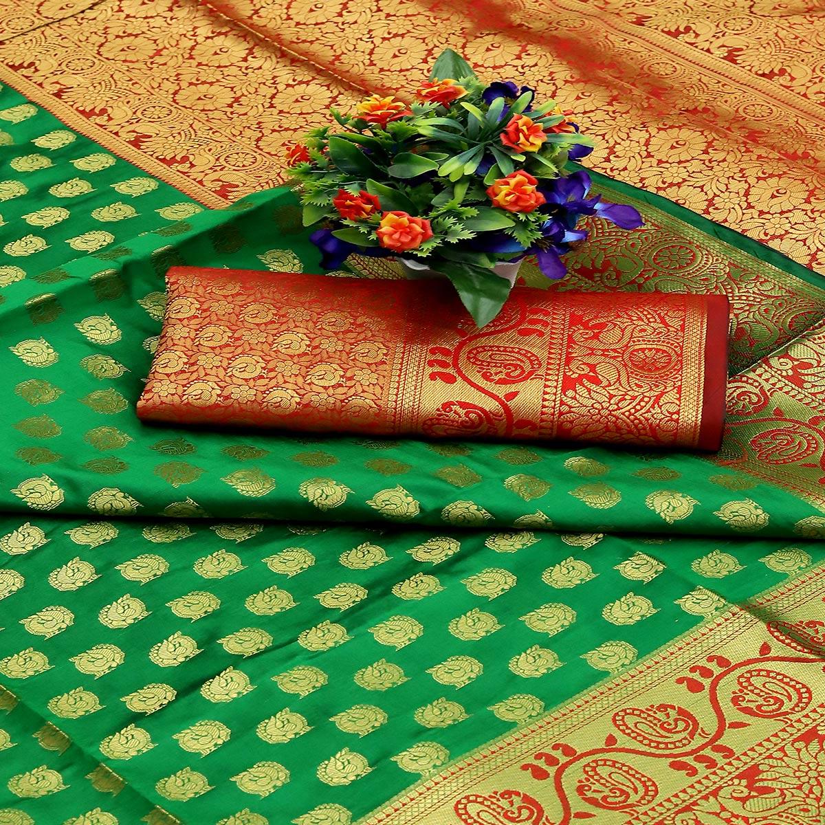 Green Festive Embroidered Kota Banarasi Art Silk Saree - Peachmode