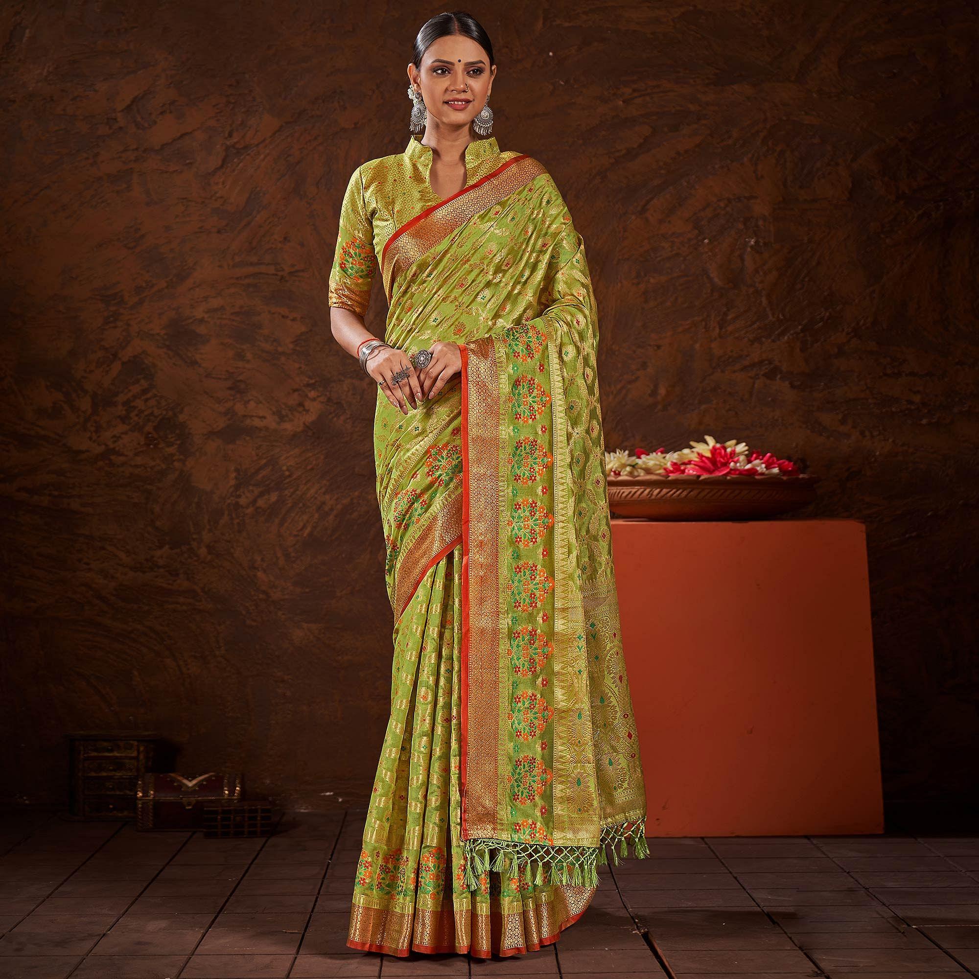 Green Festive Wear Banarasi Woven Organza Saree - Peachmode