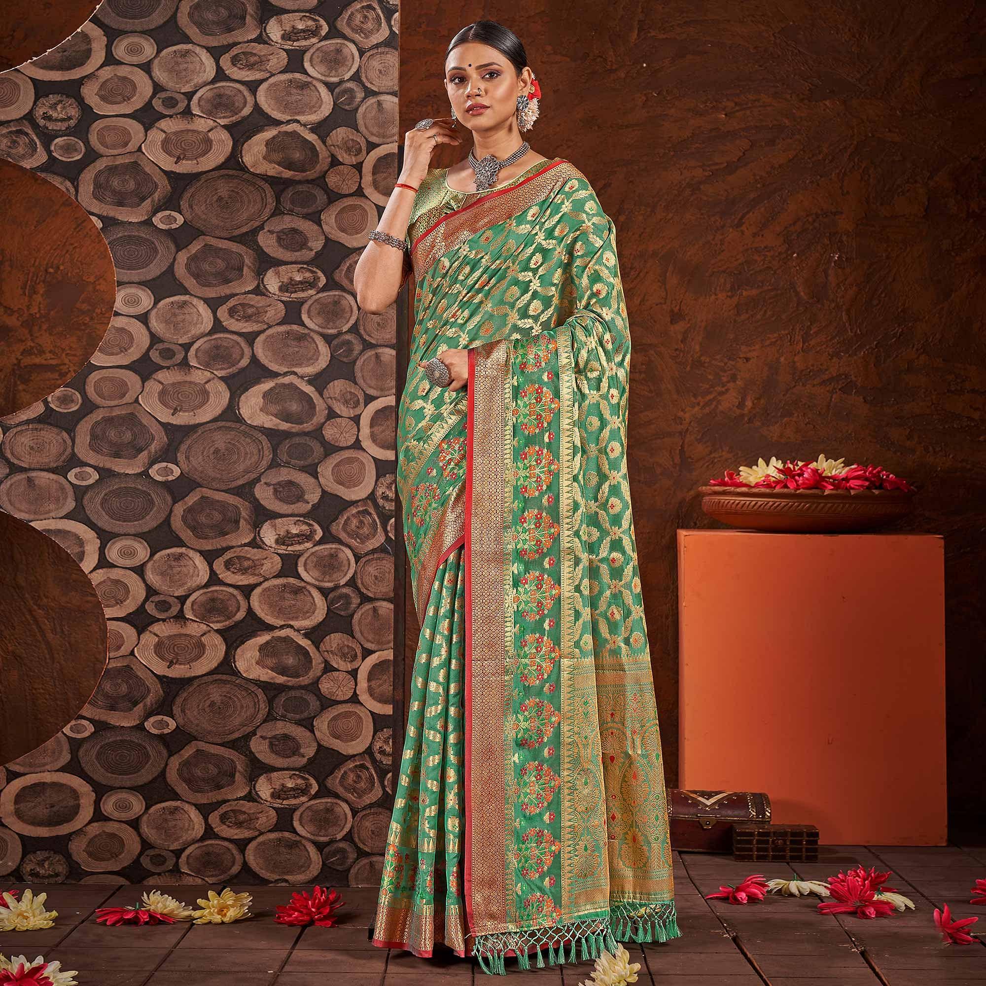 Green Festive Wear Banarasi Woven Organza Saree - Peachmode