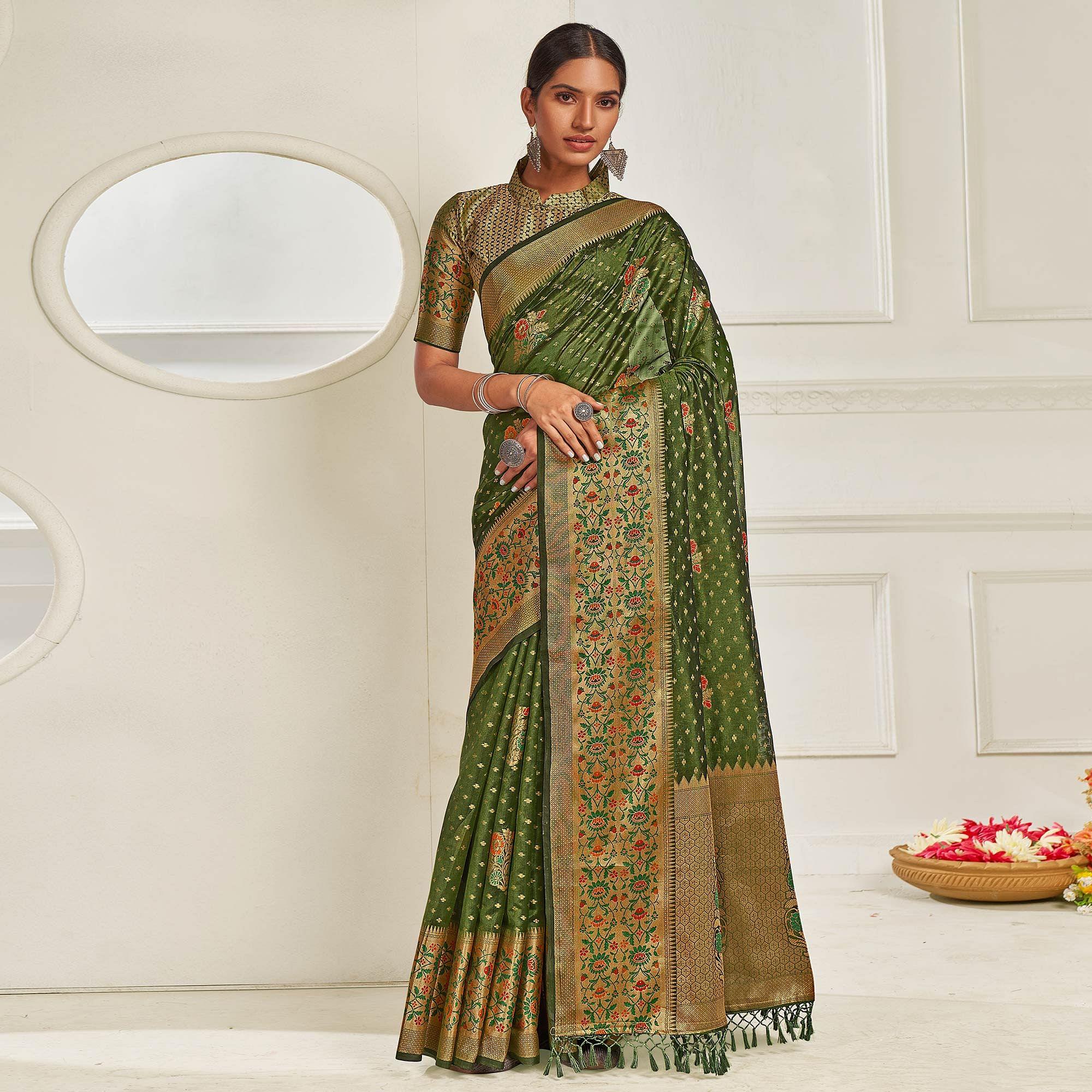 Green Festive Wear Banarasi Woven Organza Saree - Peachmode