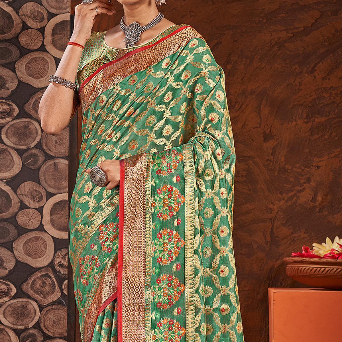 Green Festive Wear Banarasi Woven Organza Saree - Peachmode