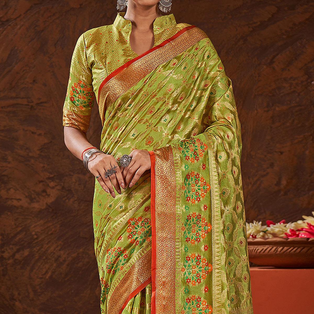 Green Festive Wear Banarasi Woven Organza Saree - Peachmode