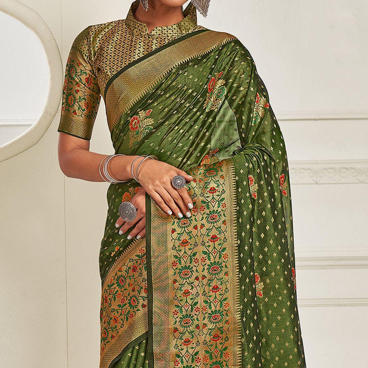 Green Festive Wear Banarasi Woven Organza Saree - Peachmode